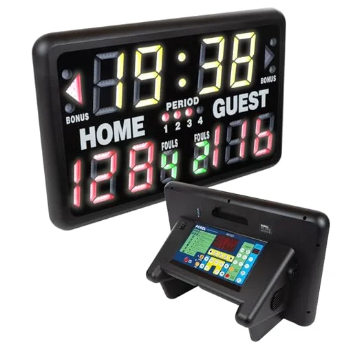 Perel Digitales LED Multisport-Scoreboard mit Sporttimer und Stoppuhr, Tischmodell oder freistehend, geeignet für Indoor- und Outdoor-Nutzung unter Überdachung, für Training, Wettkämpfe und Turniere