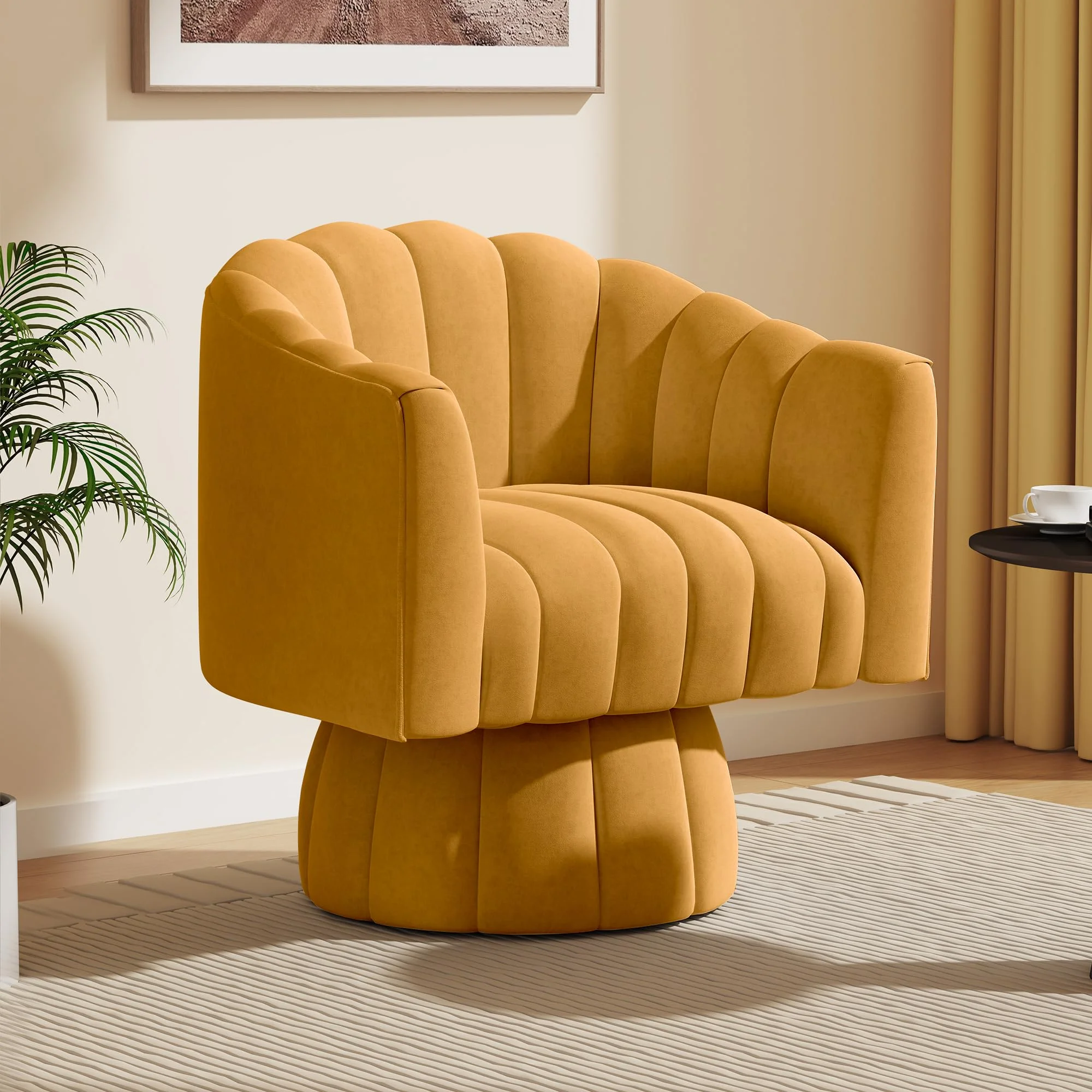 SEYNAR Drehsessel Wohnzimmer Mid Century 360° drehbarer Kuscheltonnen-Akzentsofasessel, runde Sessel mit breit gepolstertem, flauschigem Samtstoffstuhl für Schlafzimmer, Büro(Mustrad)
