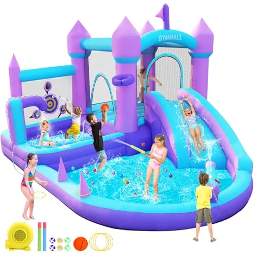 GYMMALL Aufblasbare Hüpfburg für Kinder von 3-8 Jahren, Lila Traumhaus mit Wasserrutsche und 480W Gebläse, Große Hüpfburg mit Sprungfläche, Bällebad, Pool, Ringwurf und Basketballkörben