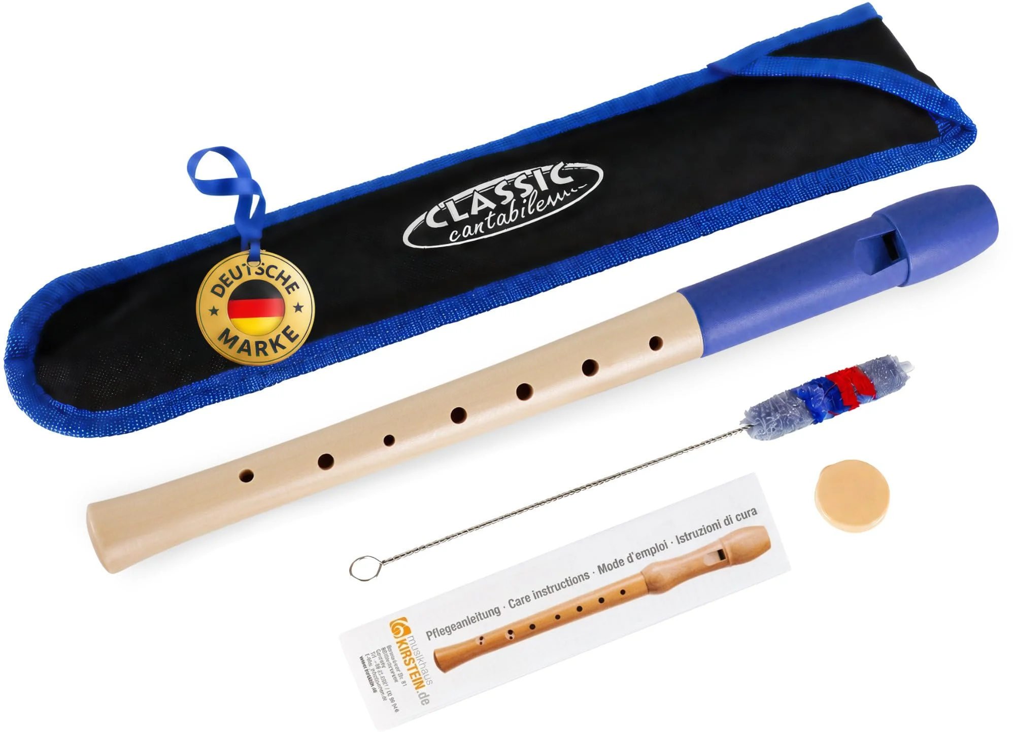 Classic Cantabile Pivella Blockflöte Blau, deutsche Griffweise, Inkl. Etui | 2-teilige Blockflöte, Kopfstück aus Spezial-Kunststoff, blau, Unterstück aus Ahornholz, Stimmung: C-Sopran, Grifftabelle