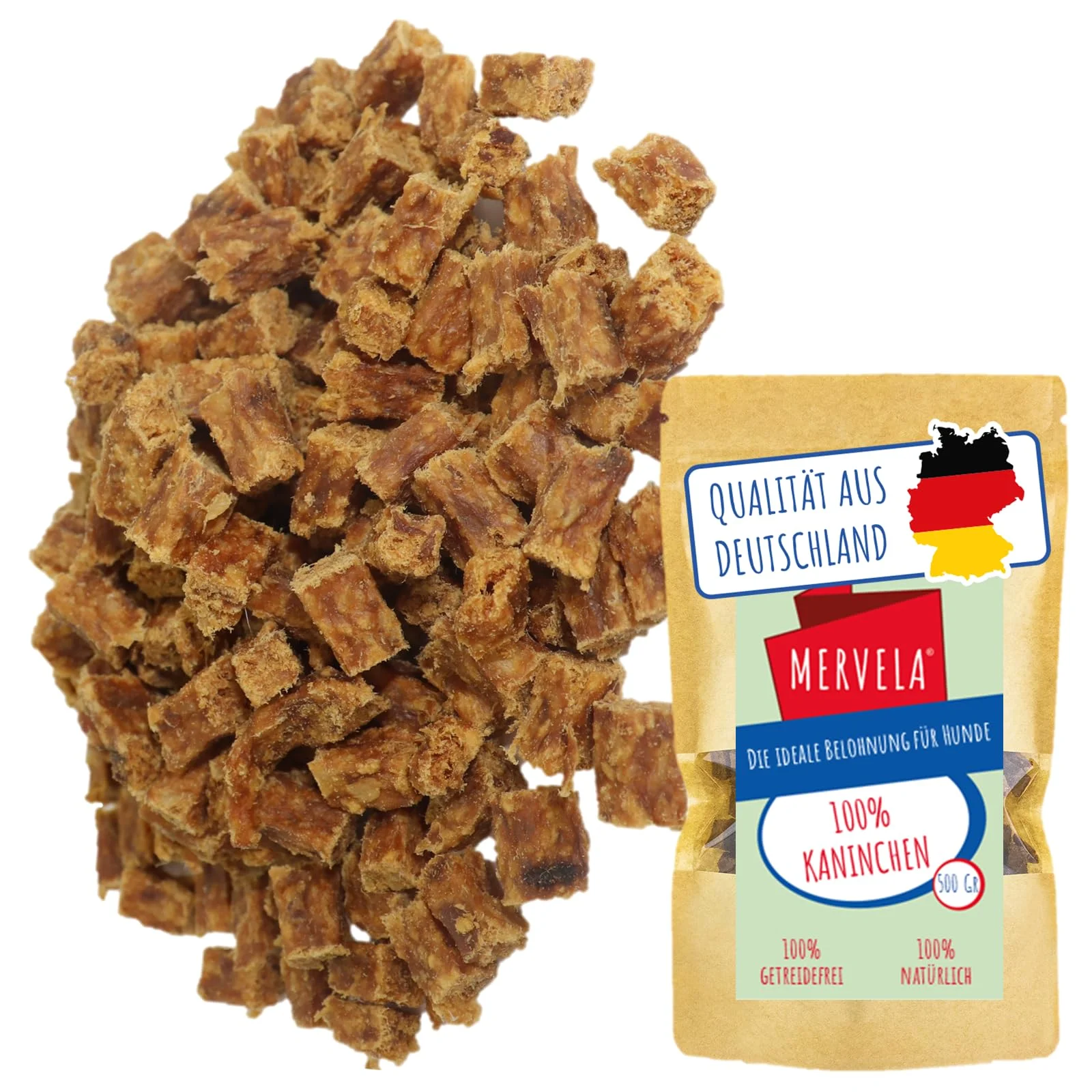 MERVELA® Premium Kaninchen Kauwürfel für Hunde, 500g - Ideal als Trainingsleckerli | 100% Natürliches Kaninchenfleisch | Hypoallergen für Sensible Hunde | Made in Germany