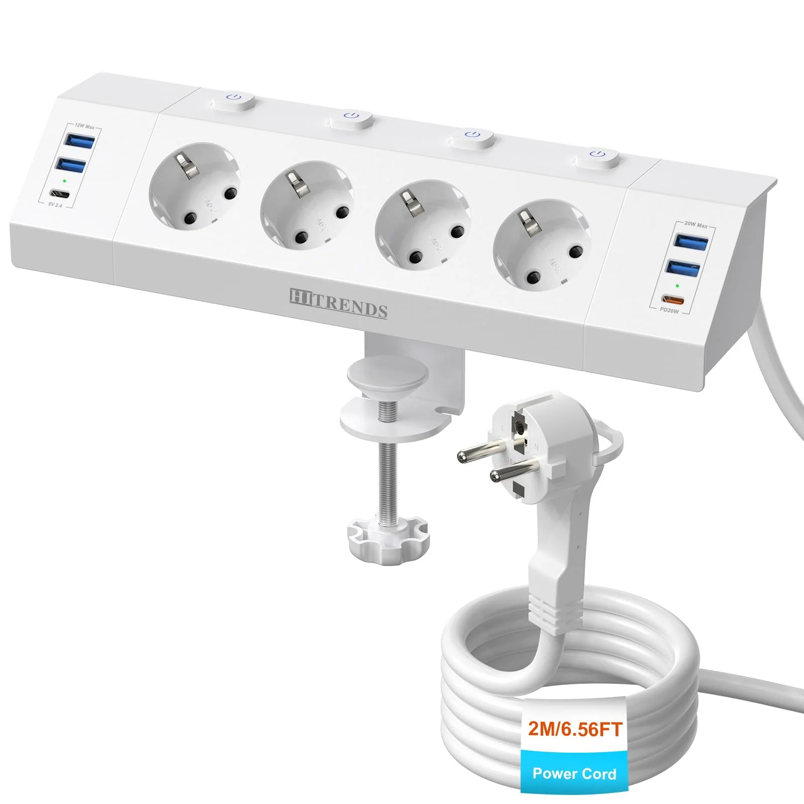 Tischsteckdose Schreibtisch mit USB C PD 20W, Steckdosenleiste mit 4 Einzeln Schalter, 4 Fach Ecksteckdose mit 6 USB, Flachstecker Mehrfachsteckdose Wandmontage mit 2M Kabel, Überspannungsschutz-Weiß