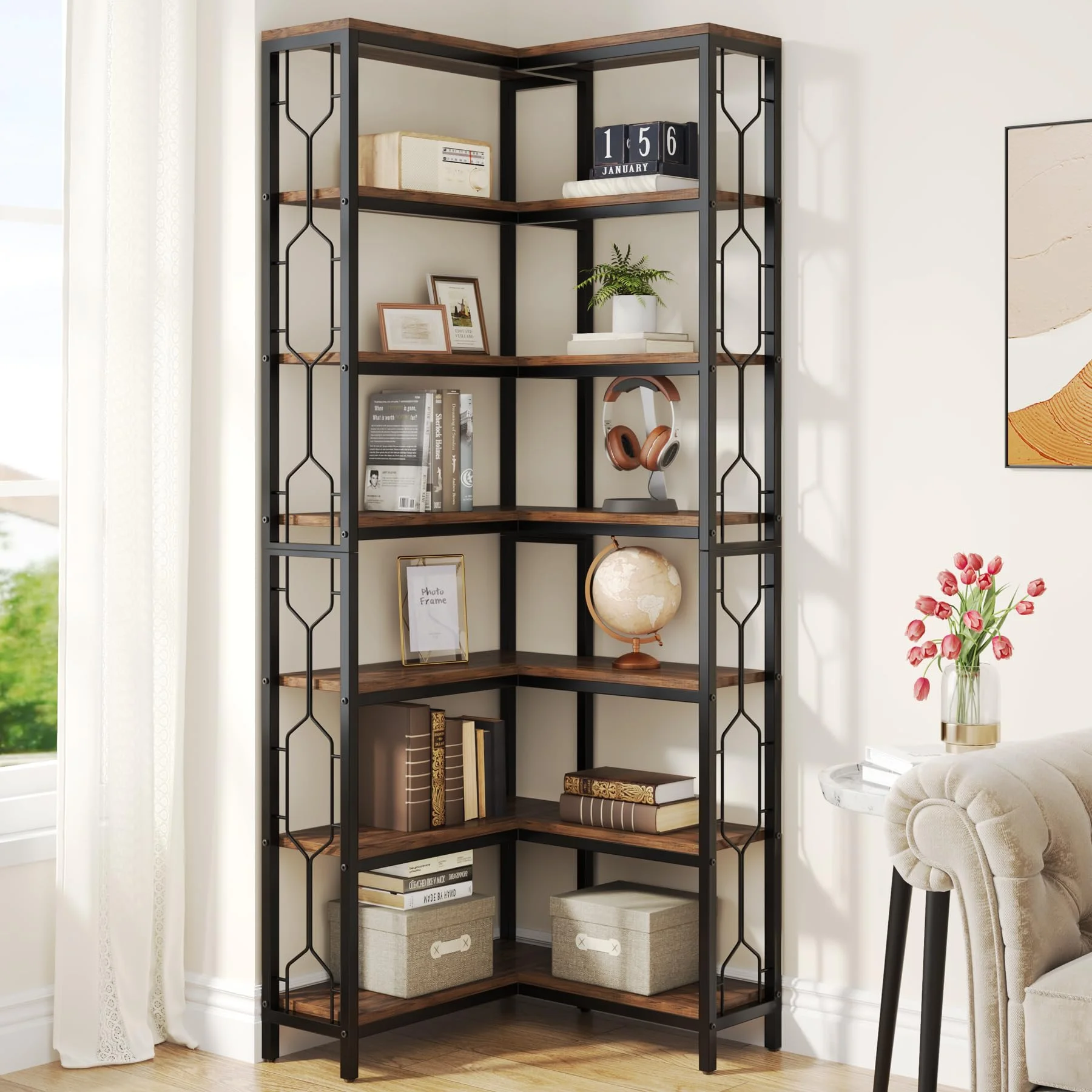 Tribesigns Eck-Bücherregal, 7-stöckiges Industrielles Eckregal, Holz und Metall Ecke Etagere Bücherregal, Freistehendes Lagerregal für Wohnzimmer, Küche, Home Office