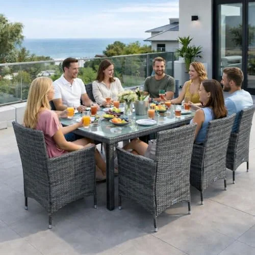 ESTEXO Polyrattan Sitzgruppe Gartenmöbel Set 8 Personen Rattanmöbel Gartenset Rattan Essgruppe Garten-Stühle Garten-Tisch Hocker Sessel mit Kissen