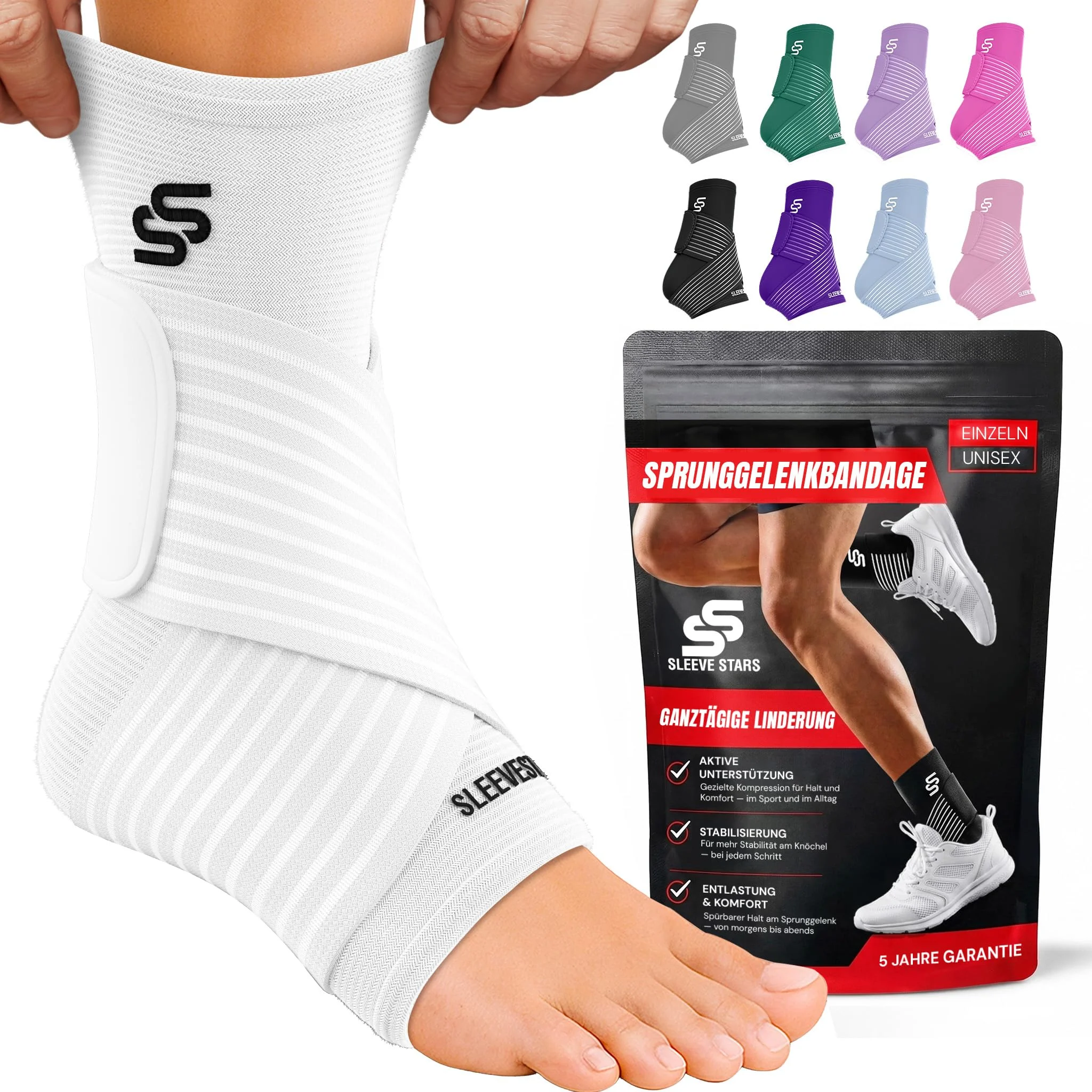 Sleeve Stars Sprunggelenkbandage - Plantarfasziitis & Achillessehnen Entlastung, Fußgelenk Bandage mit verstellbarem Riemen I Knöchelbandage I Fußbandage für rechts oder links (1 Stück,Weiß)