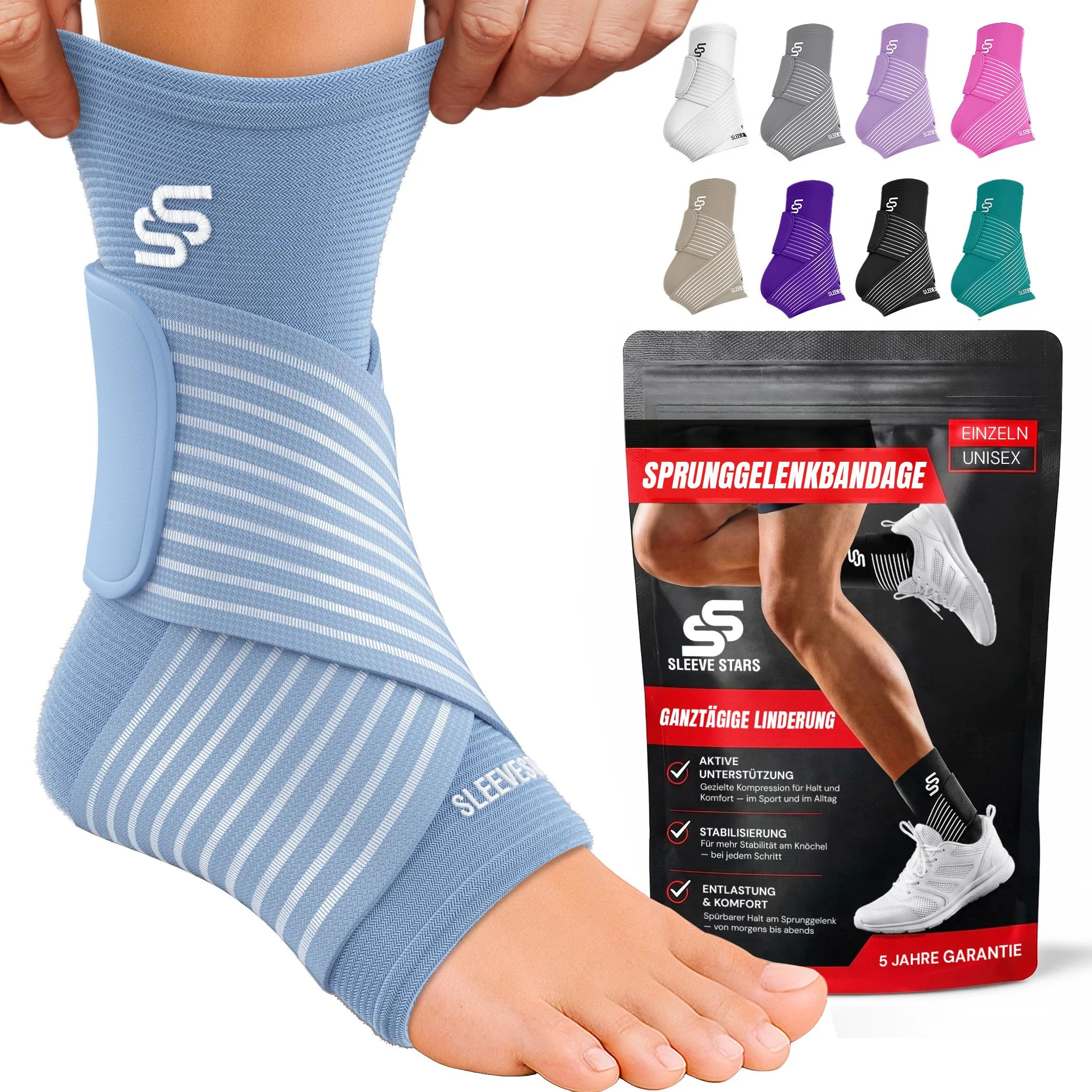 Sleeve Stars Sprunggelenkbandage – Verstellbare Sport-Kompressionsbandage mit Riemen für Laufen, Training & Alltag – Knöchelbandage für Damen und Herren (Einzeln/hellblau)