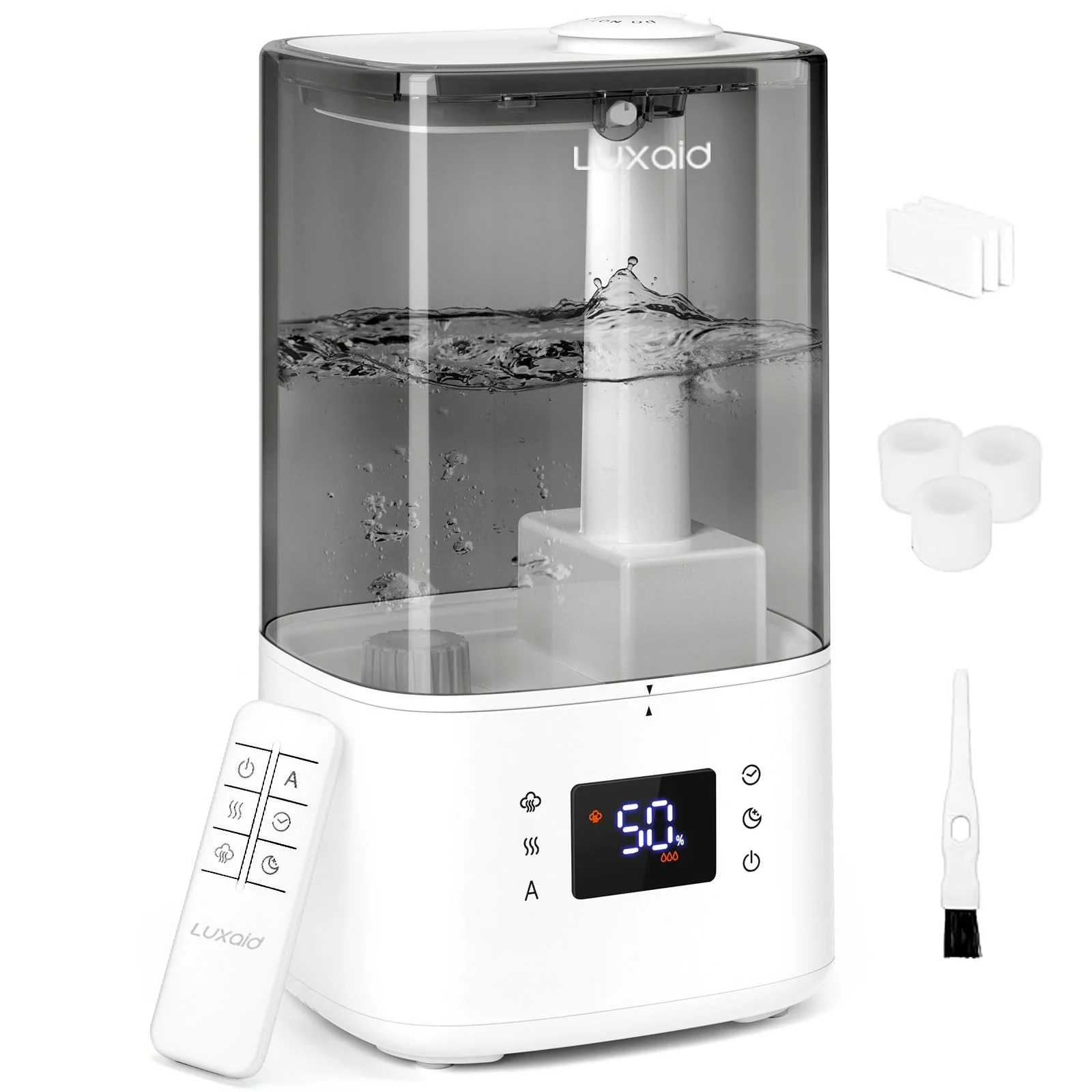 Luxaid 6L Luftbefeuchter für Schlafzimmer mit Warm- und Kaltnebel | Bis 60 Std., Bis 55 m², Hygrostat 45–60 %, Fernbedienung, 12-Std.-Timer, Top-Fill, Unter 28 dB, Aromafach, Auto-Abschaltung