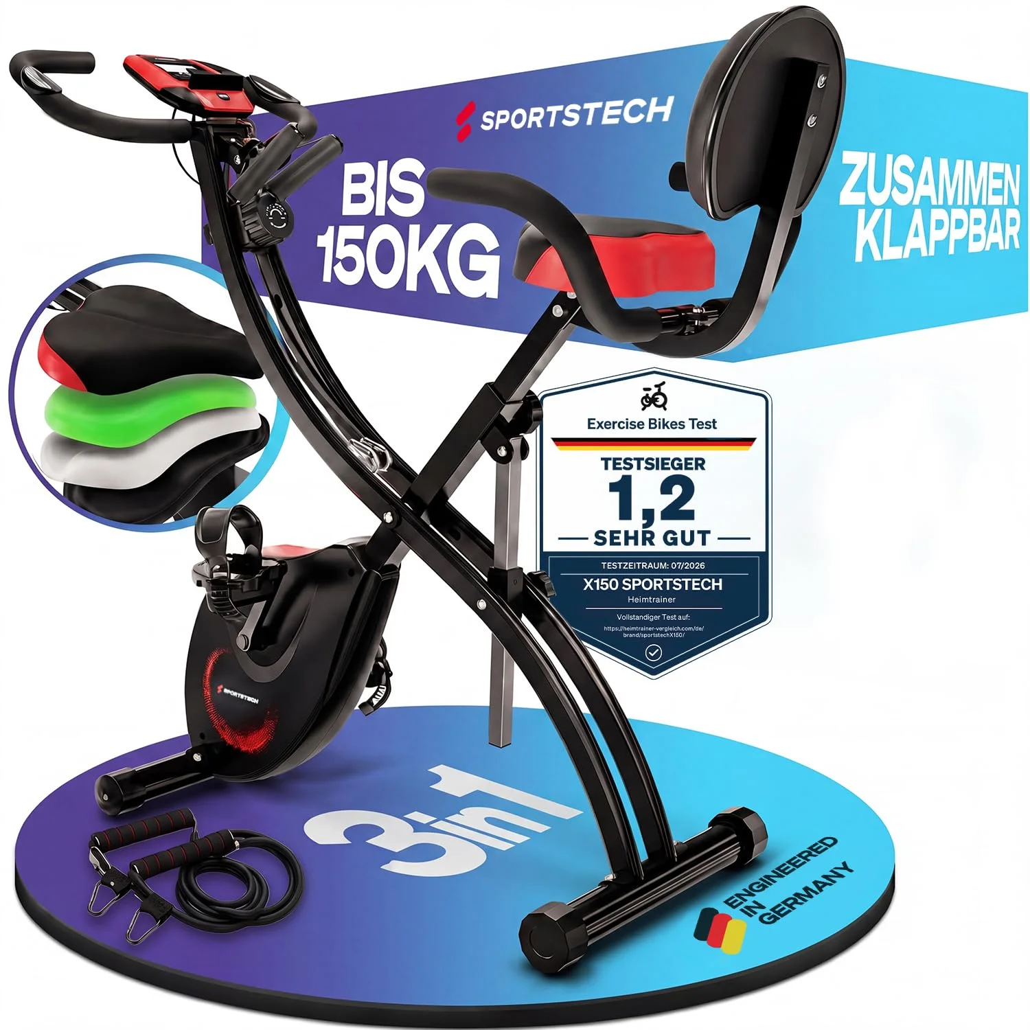 Sportstech Heimtrainer fahrrad Klappbar 3in1, [CurvedX] tiefer Einstieg, bis 150 KG, Ergometer, Hometrainer fahrrad, Ergometer Heimtrainer Senioren, Fitnessbikes, fitnessgeräte für zuhause, X150