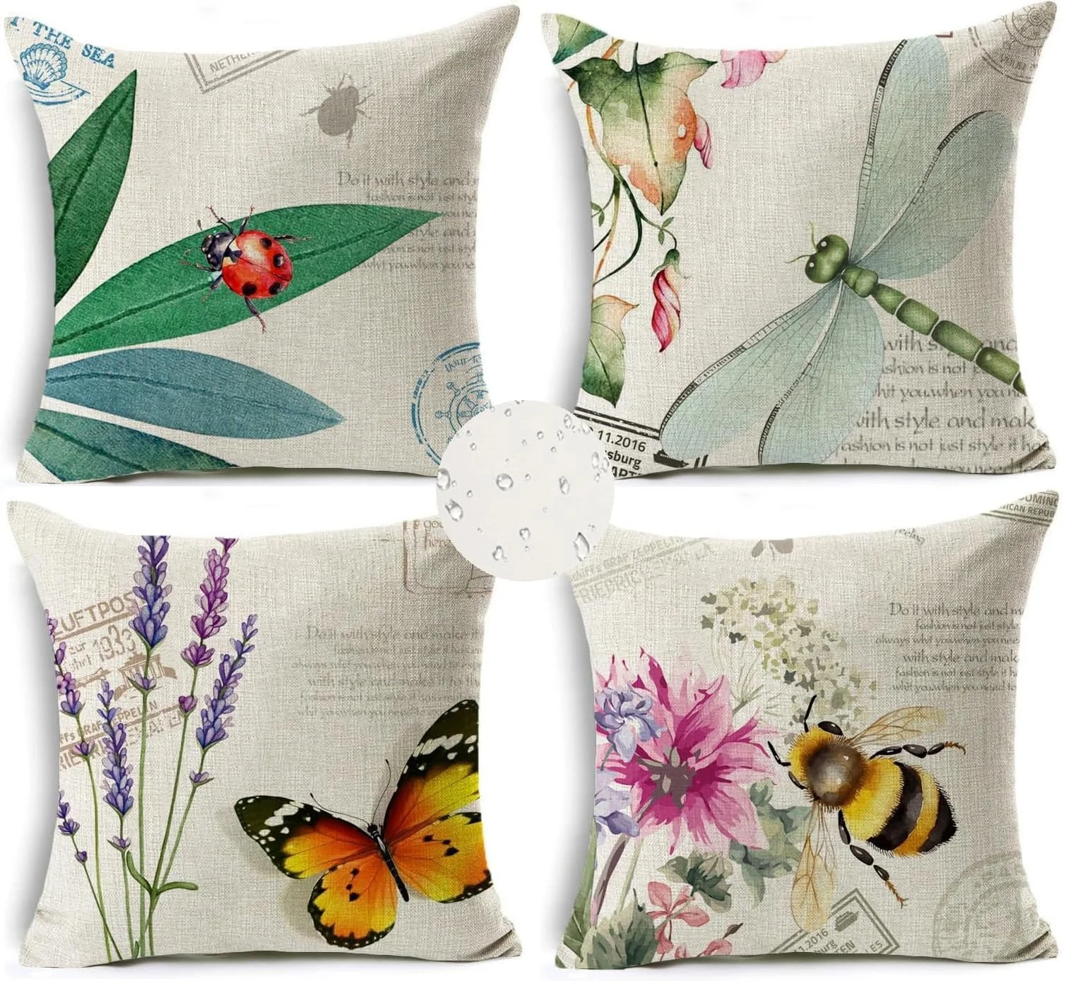 KEIROUTK Outdoor Kissen Dekorative Wasserfest 4 er Kissenbezug 40 x 40 cm Gartenkissen Wetterfest Blumen und Schmetterlinge Kissenbezug Werden für Heim Sofak Garten Outdoor