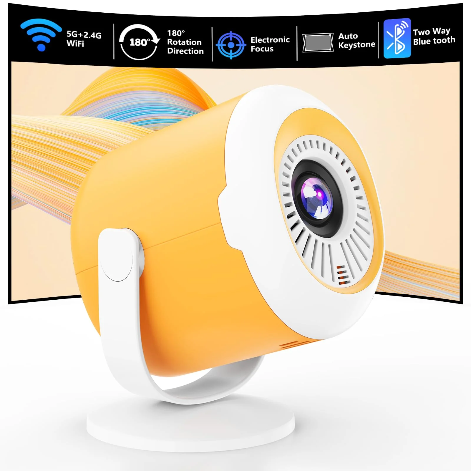 Mini Beamer Tragbarer Miniprojektor mit WLAN und Bluetooth Drehbarer Filmprojektor mit elektronischem Fokus LED-Pico-Projektoren für Heimkino Kompatibel mit Smartphone, TV-Stick, Laptop, HDMI, USB