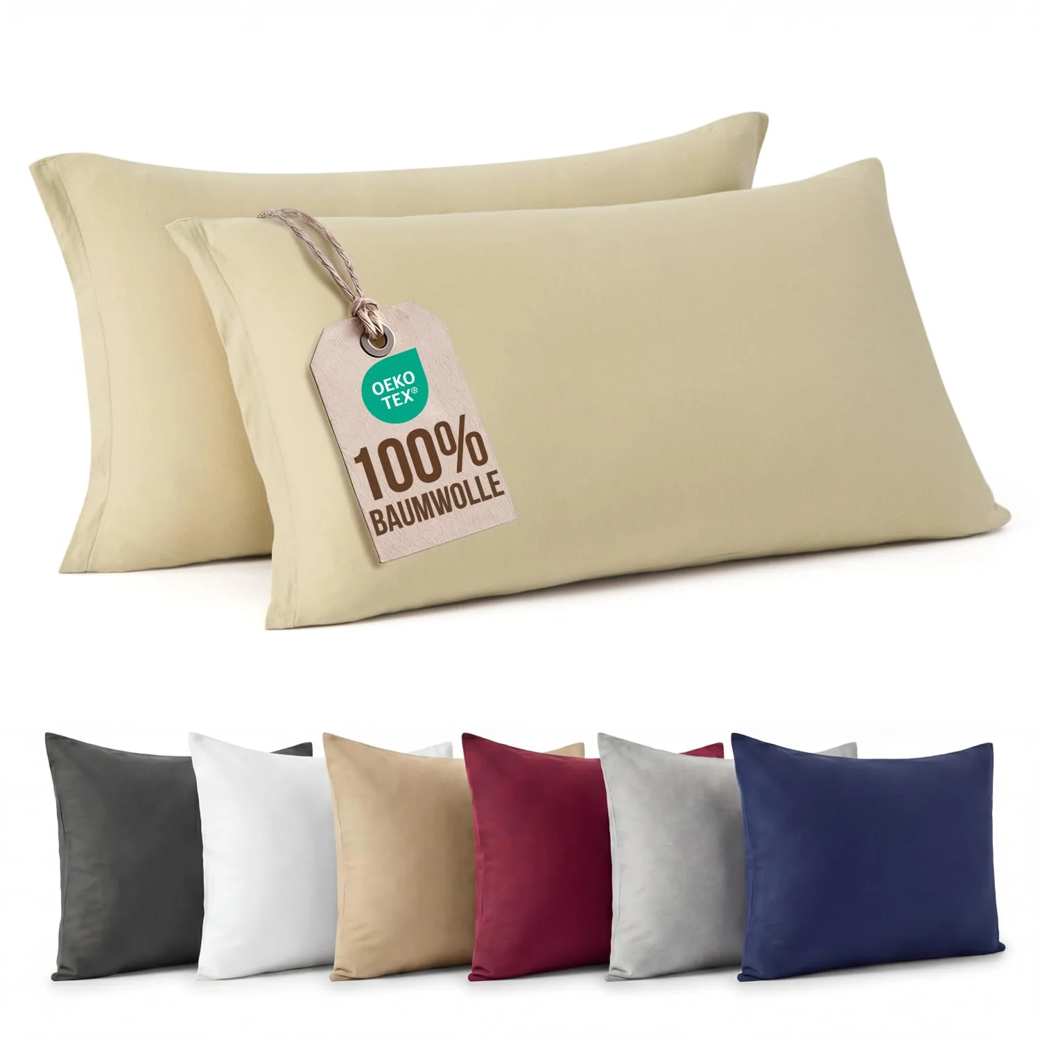 Kissenbezug 40x145cm, 2er Set - 100% Jersey Baumwolle 140gsm - Kopfkissenbezug & Kissenhülle mit Reißverschluss - Weich, Bügelleicht & Hypoallergen - Beige - Oeko-TEX Standard 100 Zertifiziert