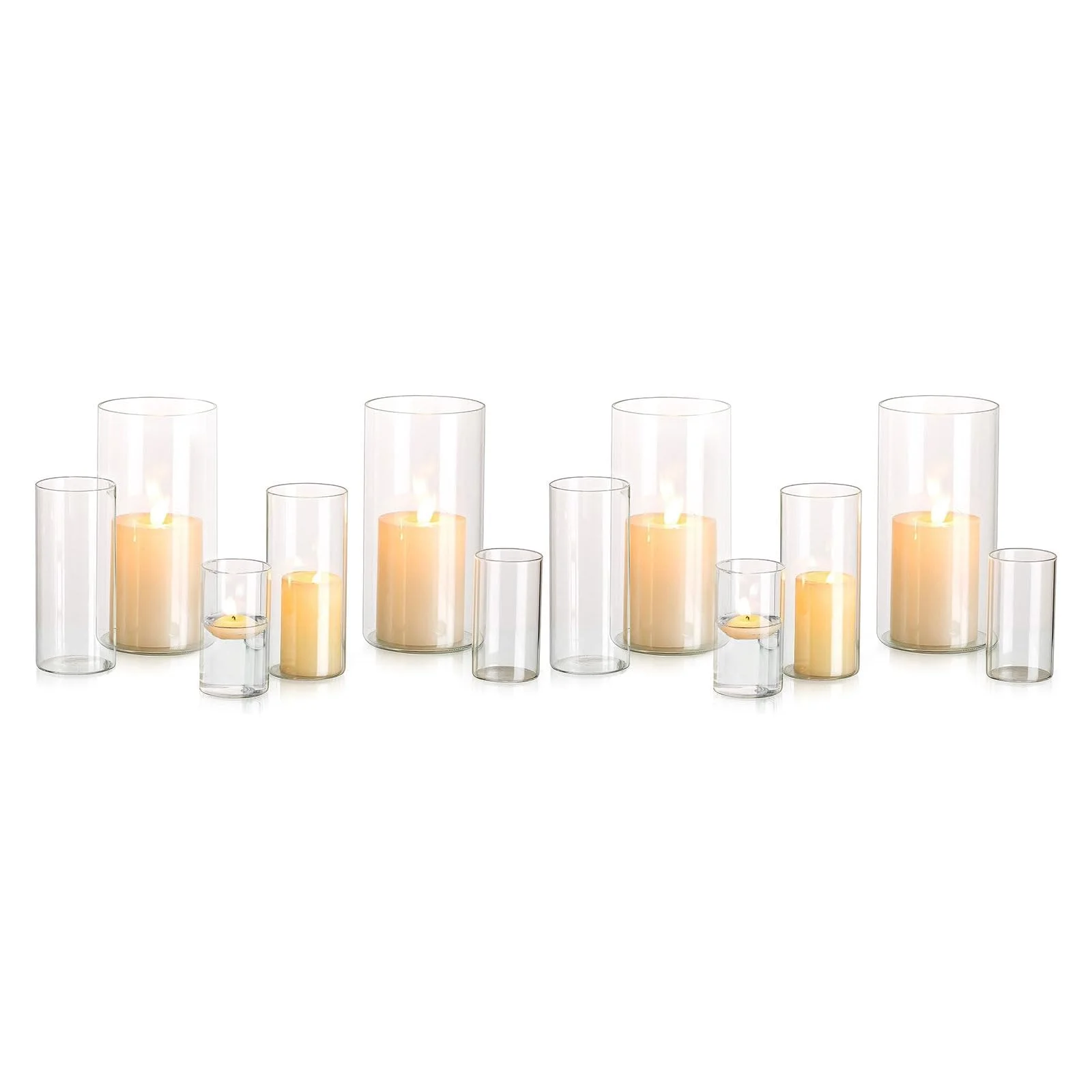 Glasseam Kerzenhalter Glas Set Kerzenständer Glaszylinder(S+M+L, 4 Sätze) | 3 Verschiedene Größen, Für Stumpenkerzen Teelicht Pampasgras, Vasen, Hochzeit, Tischdeko, Zylinder Deko, Wohnzimmer