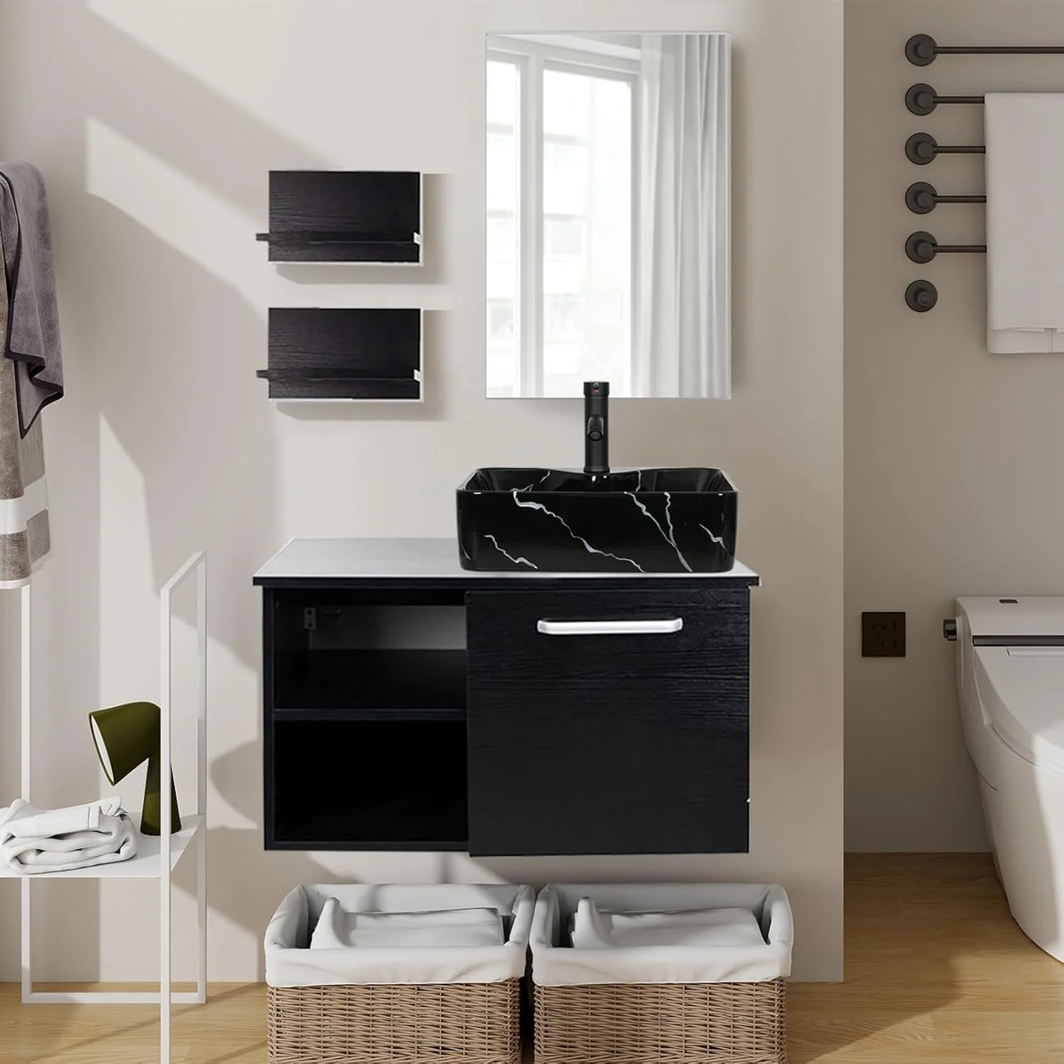 ARTETHYS Badmöbel Set Waschbecken Waschtisch mit Unterschrank Waschbeckenunterschrank und Spiegel, Badezimmermöbel mit Badezimmerschrank hängend, Wandregal, Aufsatz-Waschbecken(Schwarz)