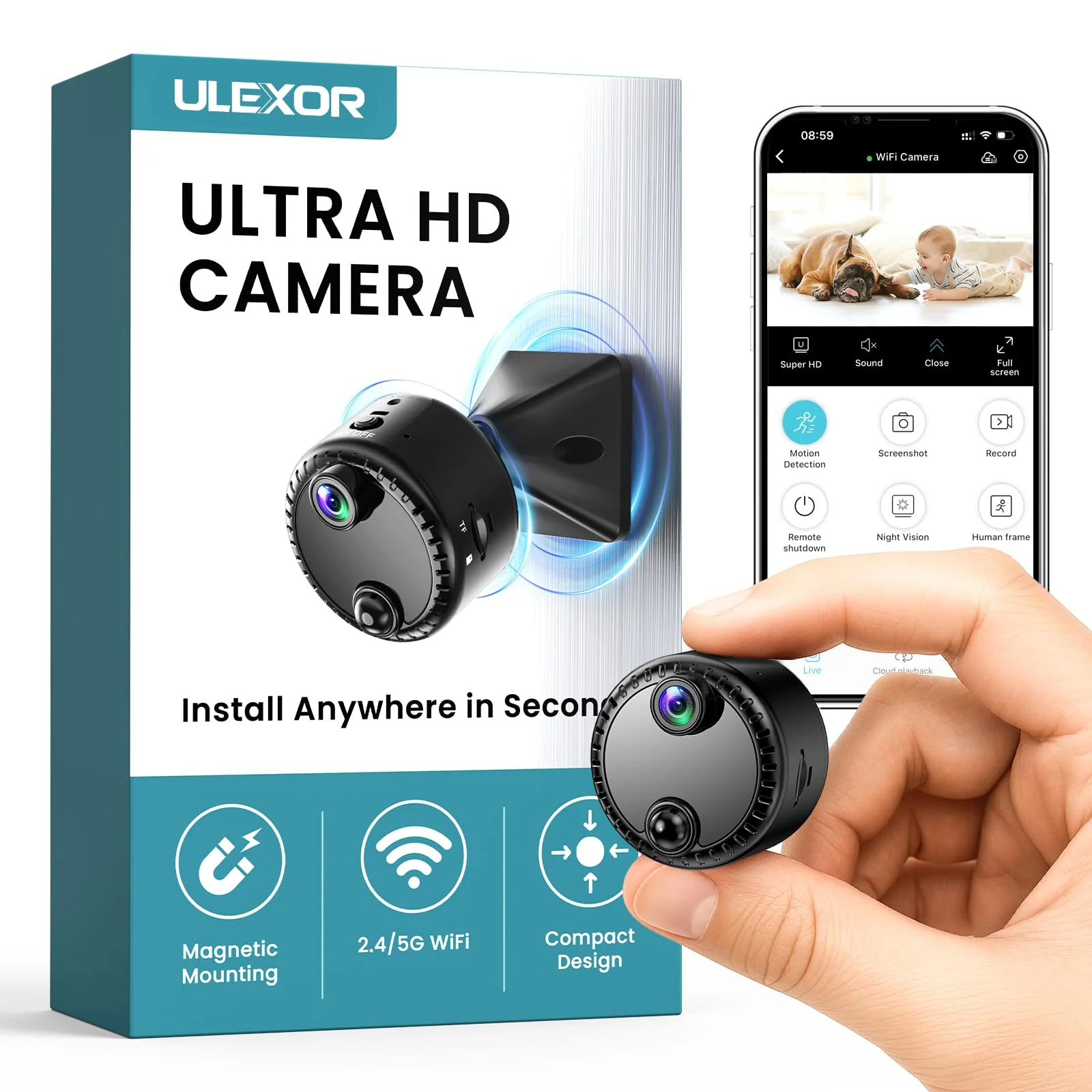 ULEXOR Mini Kamera 4K WLAN Überwachungskamera innen kabellos mit Akku, 2,4/5 GHz WiFi, Live-Übertragung aufs Handy, KI-Personenerkennung, Bewegungsmelder, Nachtsicht, SD & Cloud Speicher
