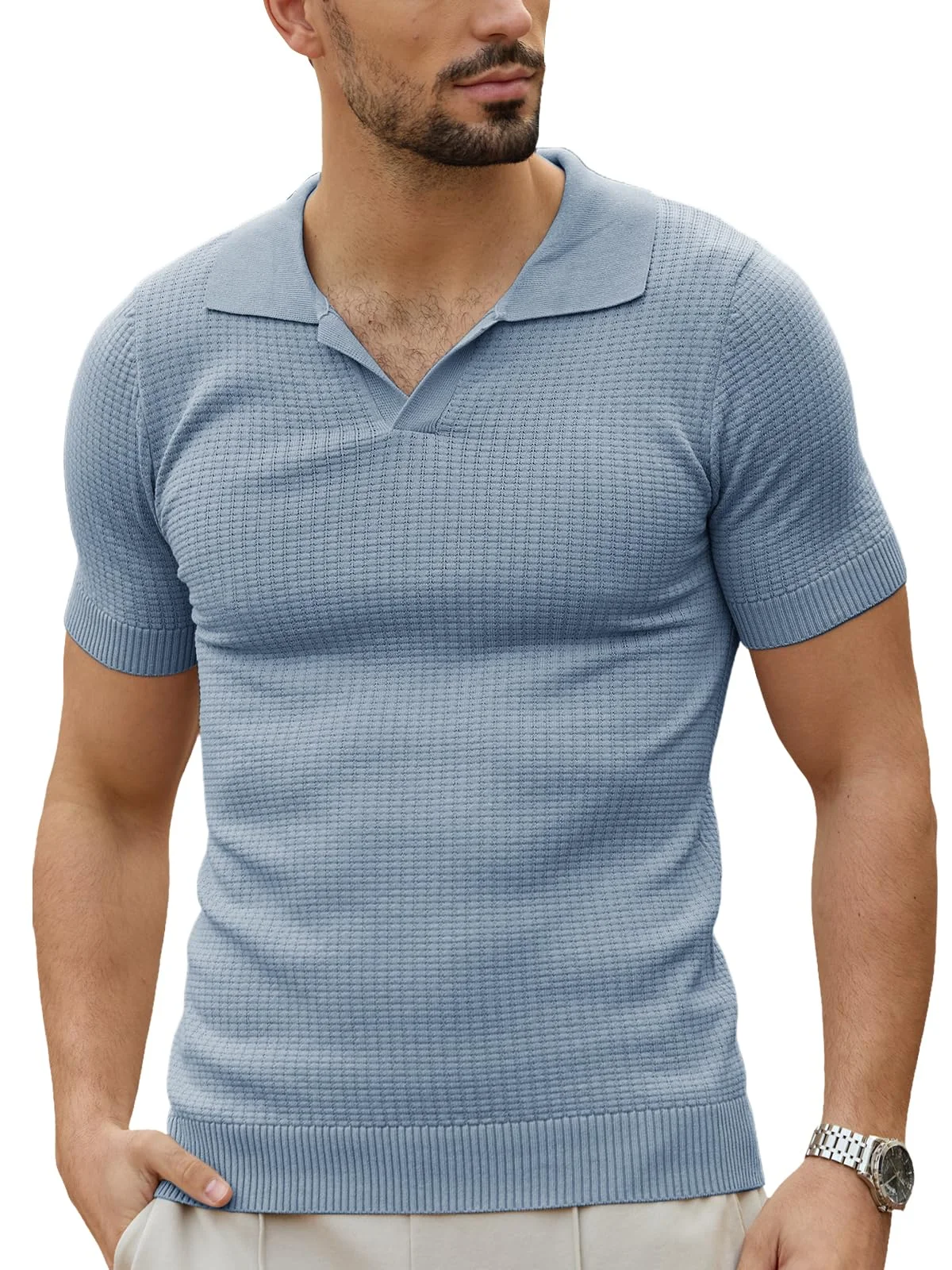 Les umes Herren Kurzarm-Polo-Shirts gestrickt V-Ausschnitt Tee Sommer Casual atmungsaktiv Poloshirts