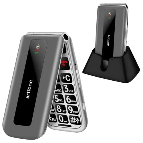 artfone 4G Seniorenhandy Klapphandy Ohne Vertrag丨Großtasten Mobiltelefon丨2,4 Zoll Farbdisplay丨SOS Notruftaste丨Ladestation丨Handy für Senioren丨FM Radio丨1300mAh Akku丨Zeitansagefunktion - Silbergrau