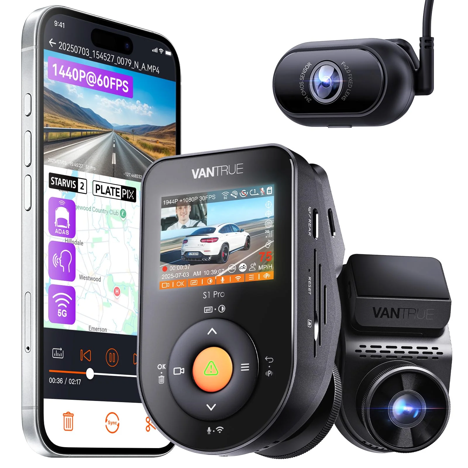 VANTRUE S1 Pro DMS STARVIS 2 Dashcam Auto Vorne und Innen 1944P+1080P 30FPS | 60FPS Front Dash Cam, Nachtsicht, 5GHz WLAN GPS, ADAS+DMS KI, 24H Parküberwachung, G-Sensor, Sprachbefehle, Superkondensator