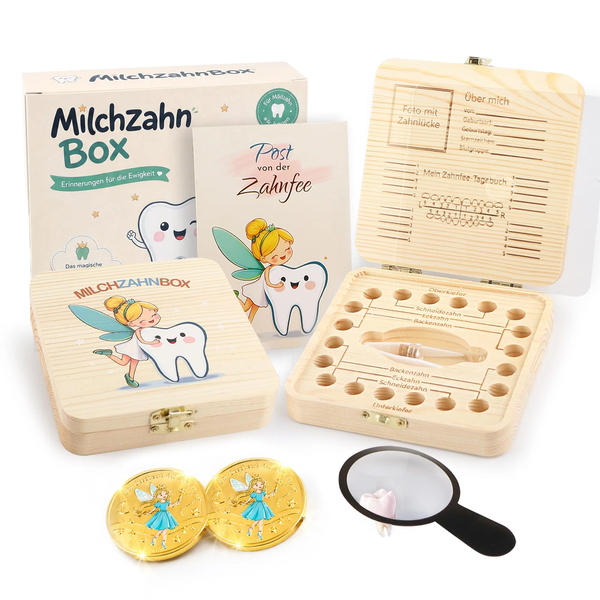 Gzxhsy Milchzahndose für Jungen und Mädchen | Bunte Motive, Zahnfee Geschenk Set, Mit 2 Münzen, Lupe & Brief, Zahnbox für Milchzähne