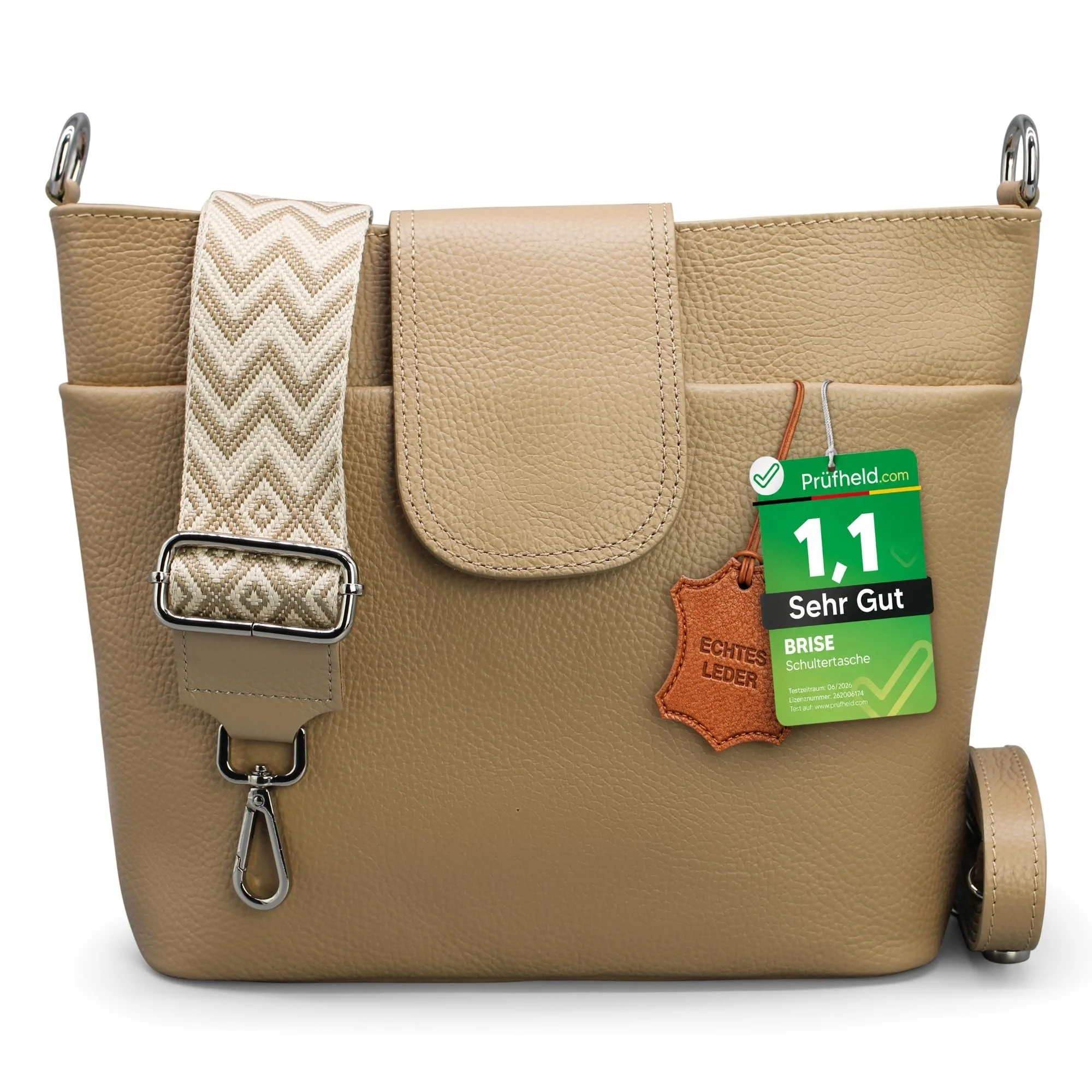 Brise Art ELLIE Damen Umhängetasche Echtleder Handgefertigt Crossbody Bag | [Test SEHR GUT, Note 1.1], Echtes Leder, Schultertasche mit Ledergurt & wahlweise gemustertem Riemen, 6 Fächer, Made in Italy