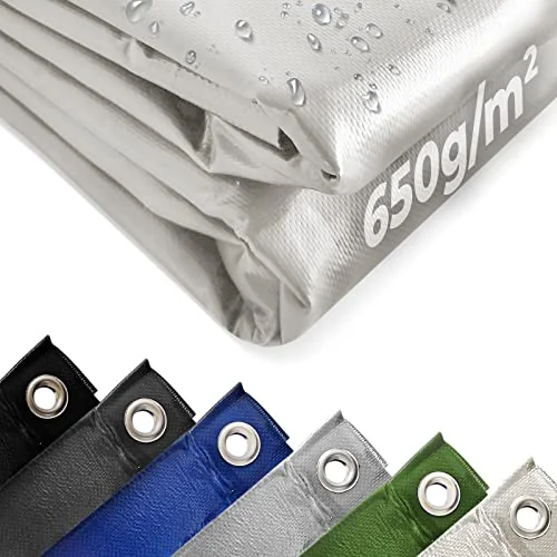Jago® Abdeckplane - 650 g/m², 2x3/3x5/3x6/4x3/4x5/4x6/4x7/4x8/5x6/5x7/5x8 m, Wasserdicht & Reißfest, mit Ösen, Farbwahl, PVC-Schutzplane, LKW Plane Gewebeplane, Regenplane (Grau, 4 x 7 m)