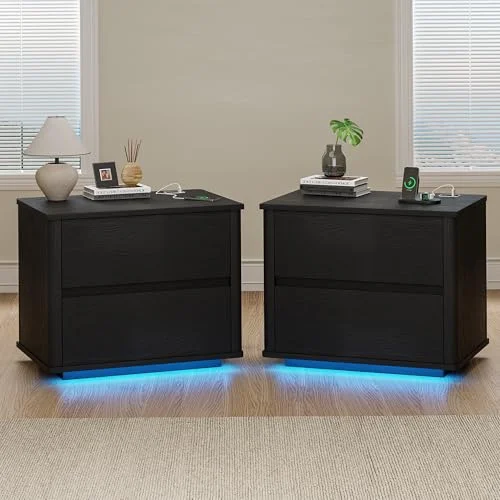 Gurexl Bedside Table with 2 Drawers and LED Lights,Modern Bedside Cabinet with Charging Station,Bed Cabinet with Rounded Corners for Living Room Bedroom Furniture Office Hotel Dormitory