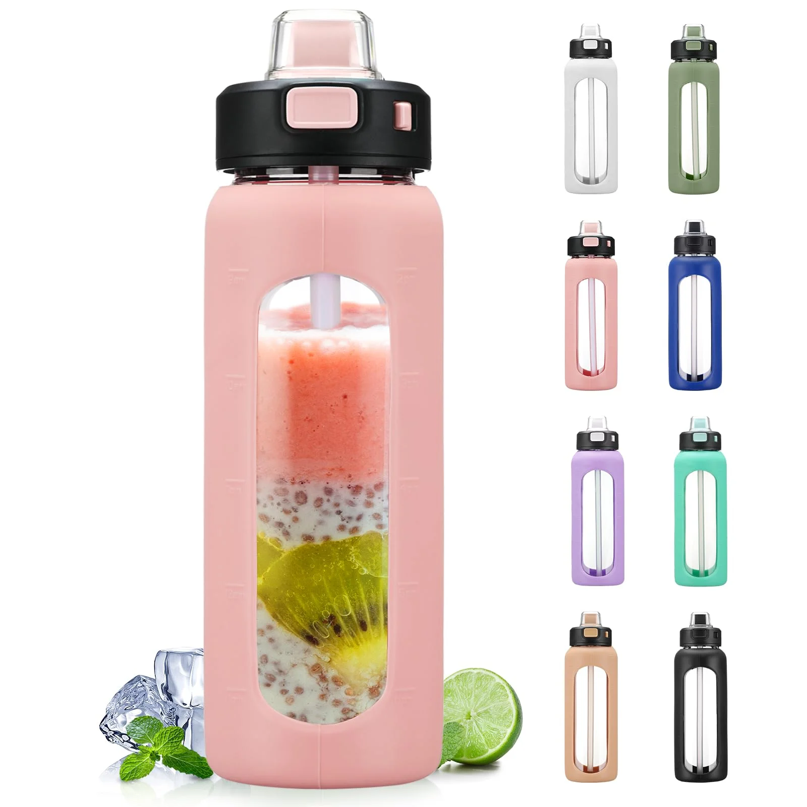 BLUEGO 700ml Trinkflasche Glas mit Strohhalm und Griff Auslaufsichere Wasserflasche mit Silikonhülle und Messskala Sport Glaswasserflasche BPA frei, Rosa