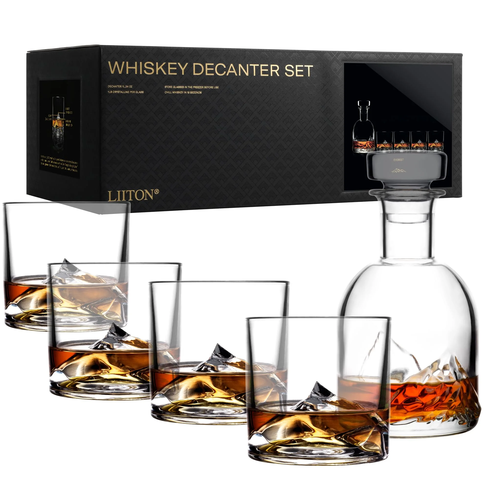 LIITON Everest Whisky-Dekanter-Set 1 L mit 4 Gläsern | Bleifreier Kristall-Dekanter mit Everest-skulptierten Gläsern, kühlt Whisky ohne Eis, keine Verwässerung, 1 L