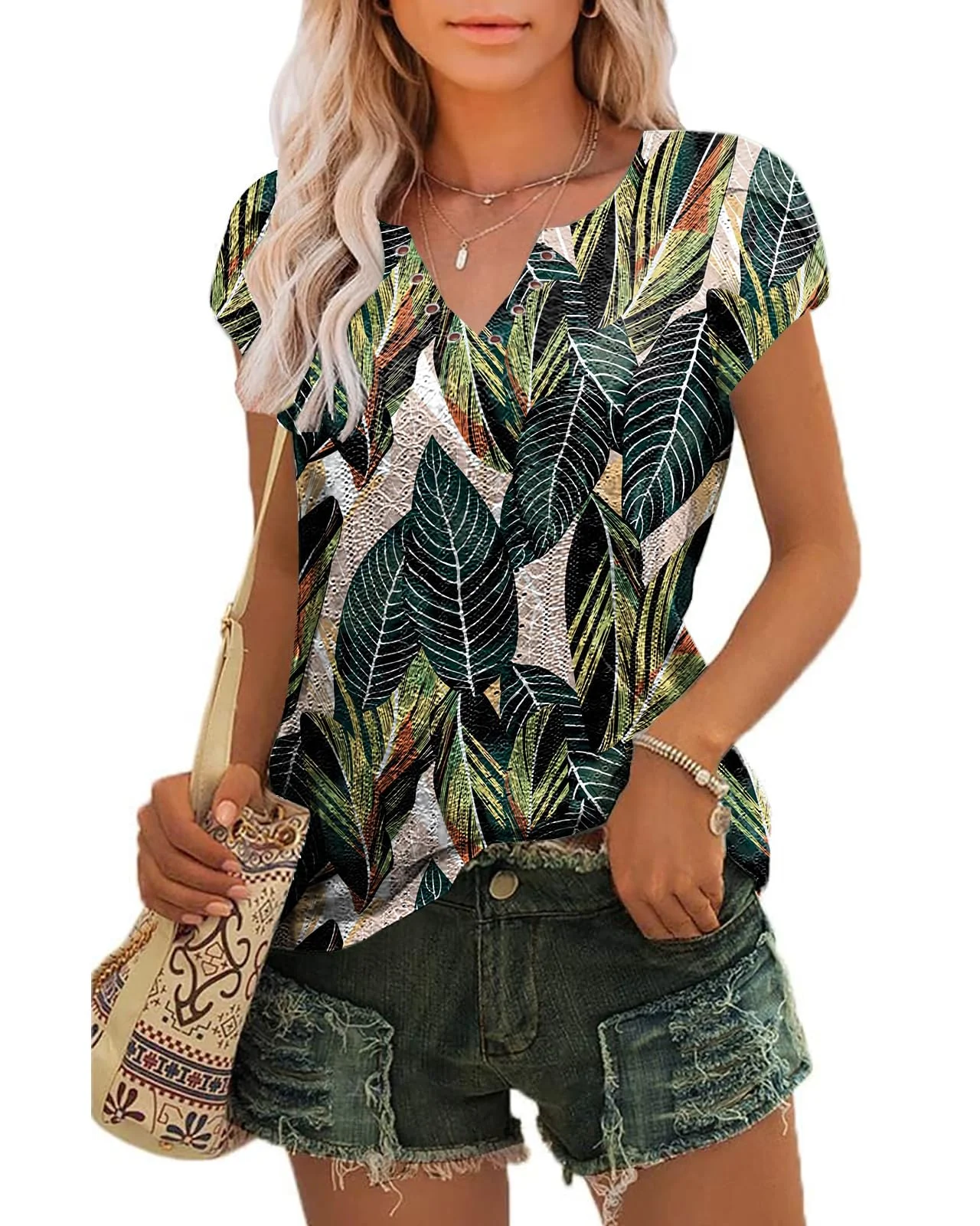 Tanmolo Damen Sommer T-Shirt mit Lochstickerei V-Ausschnitt & Tulpenärmeln | Atmungsaktive Lochstickerei, Elegante, Bequemes Oberteil, Regular Fit, Formstabil, Vielseitig Kombinierbar, Pflegeleicht