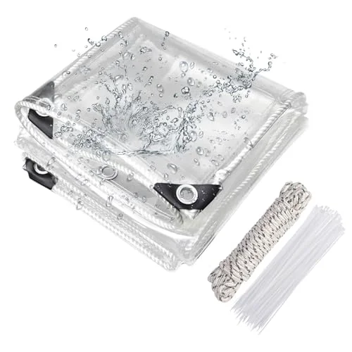 Transparent Tarpaulin with Eyelets 420 g/m² 0.8 x 1.2 m, Tarpaulin Tent Tarpaulin Waterproof with Rope and Cable Ties, PVC Material Weatherproof Tarpaulin for Rain Protection for Plants Greenhouse Garden Furniture