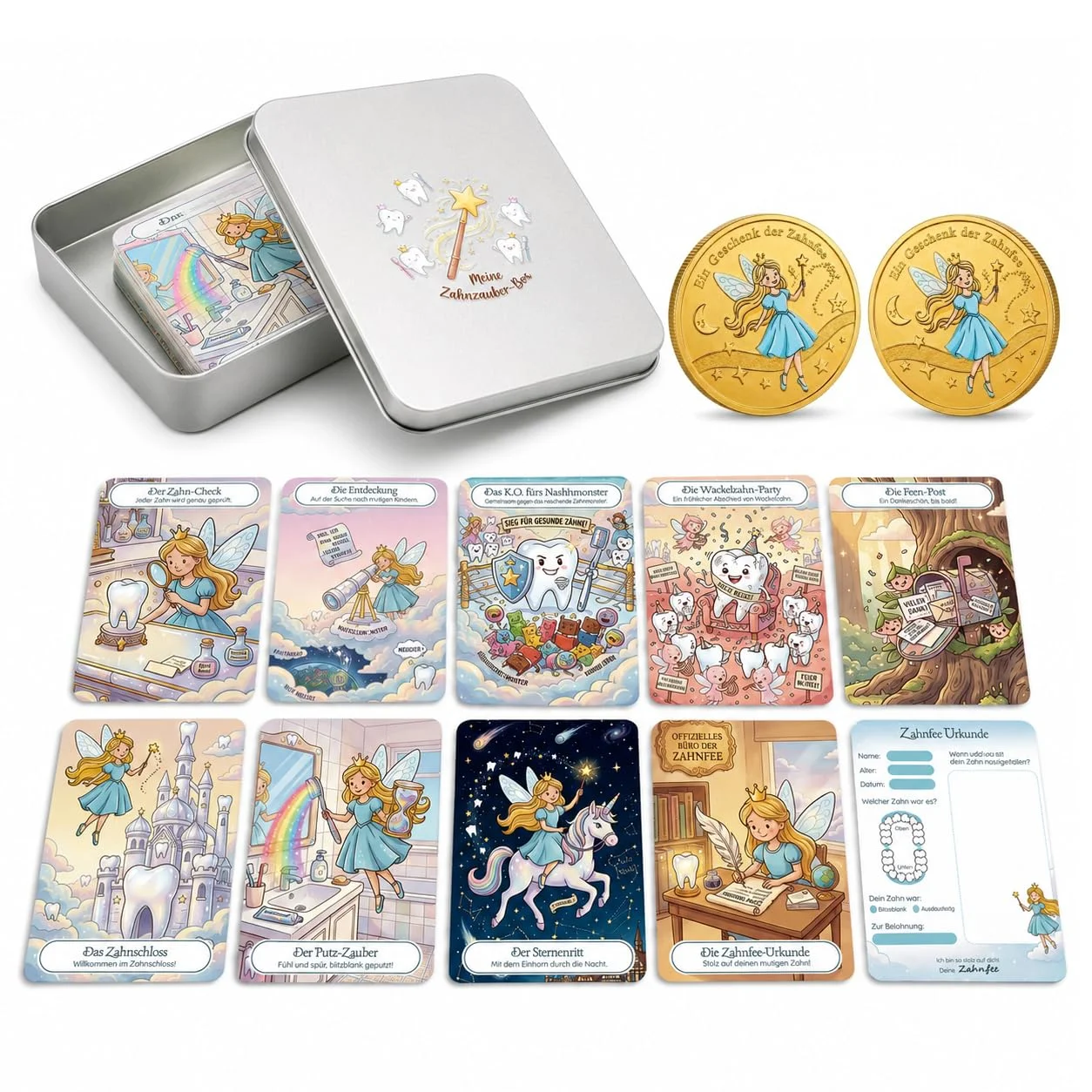 Gzxhsy Zahnfee Münzen Geschenke Set | 2 bunte Münzen, 10 Urkunden (10 Motive), 1 Sammelbox, Für Mädchen & Jungen, Zum ersten Wackelzahn
