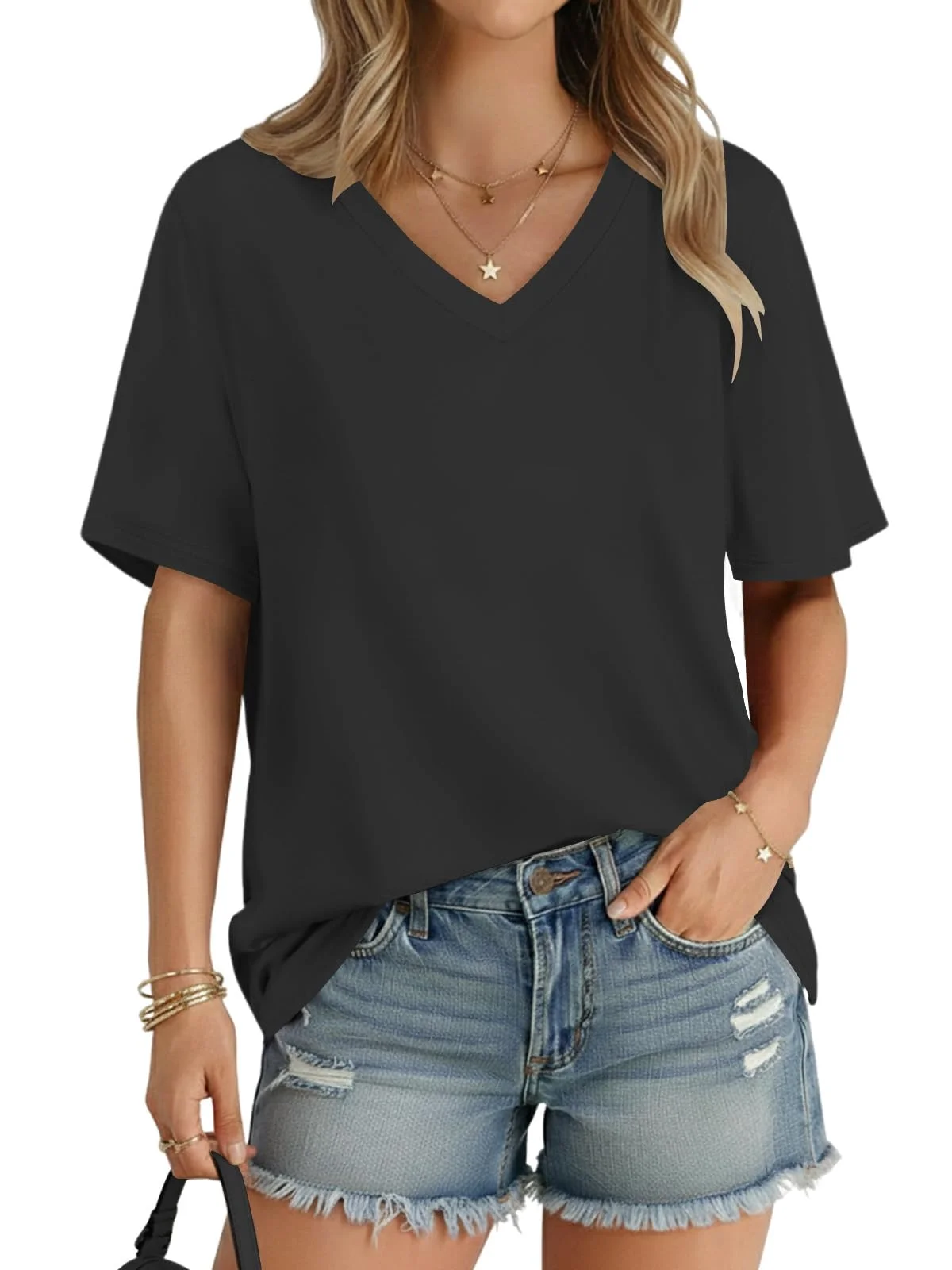 Cuptacc Tshirt Damen V Ausschnitt Oversized T-Shirt Basic Sommer Oberteile | V-Ausschnitt,T-Shirt,Locker,Elegant,Komfort,Einfarbig,Kurzarm,Sommer,Alltag,Freizeit,Weich,Lang