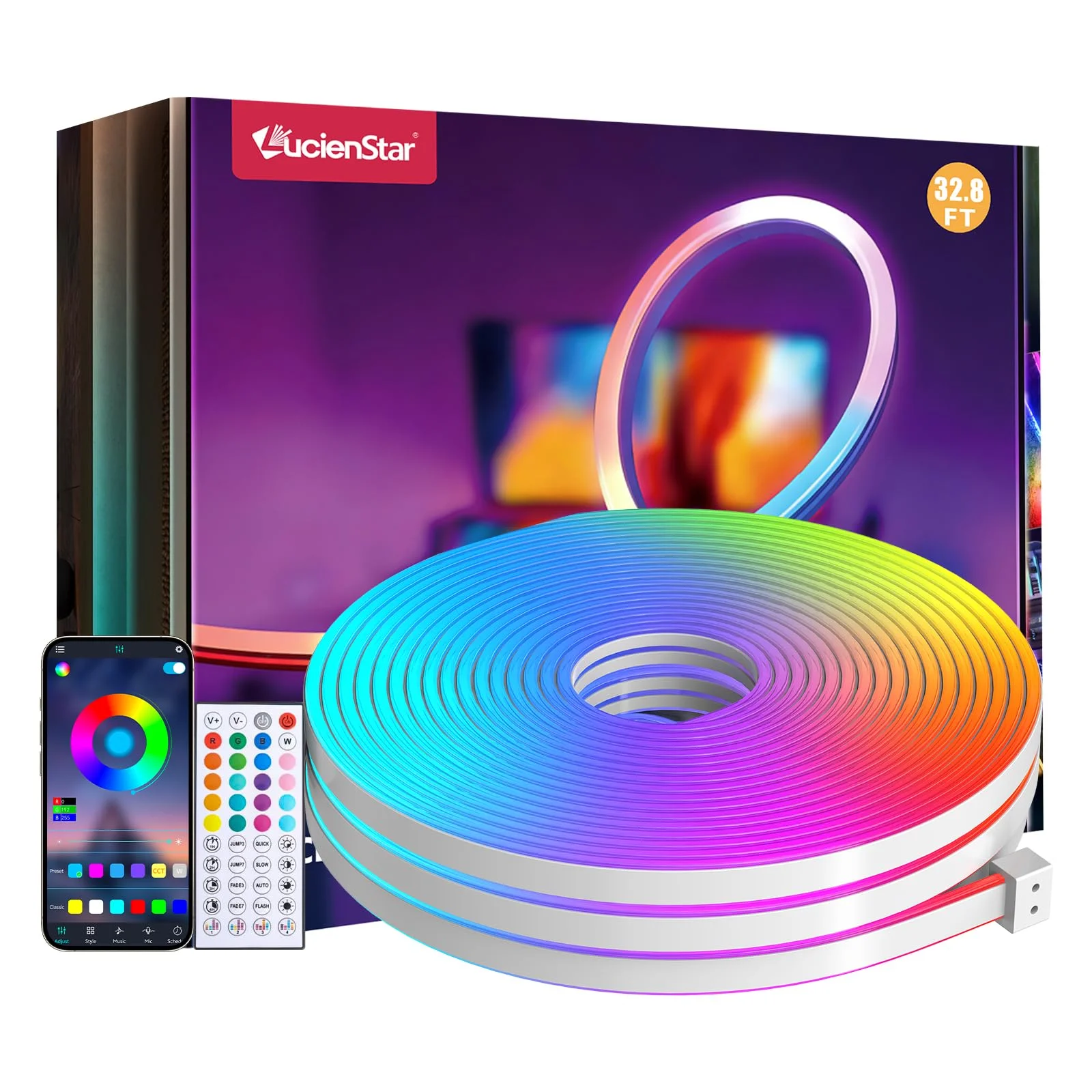 Lucienstar 10M RGB LED Neon Strip, 24V IP65 Wasserdicht Led Streifen mit Remote/APP, Musik Sync, Multiple Modes, Flexible Led Band für Schlafzimmer im Freien Dekor [Energieklasse F]