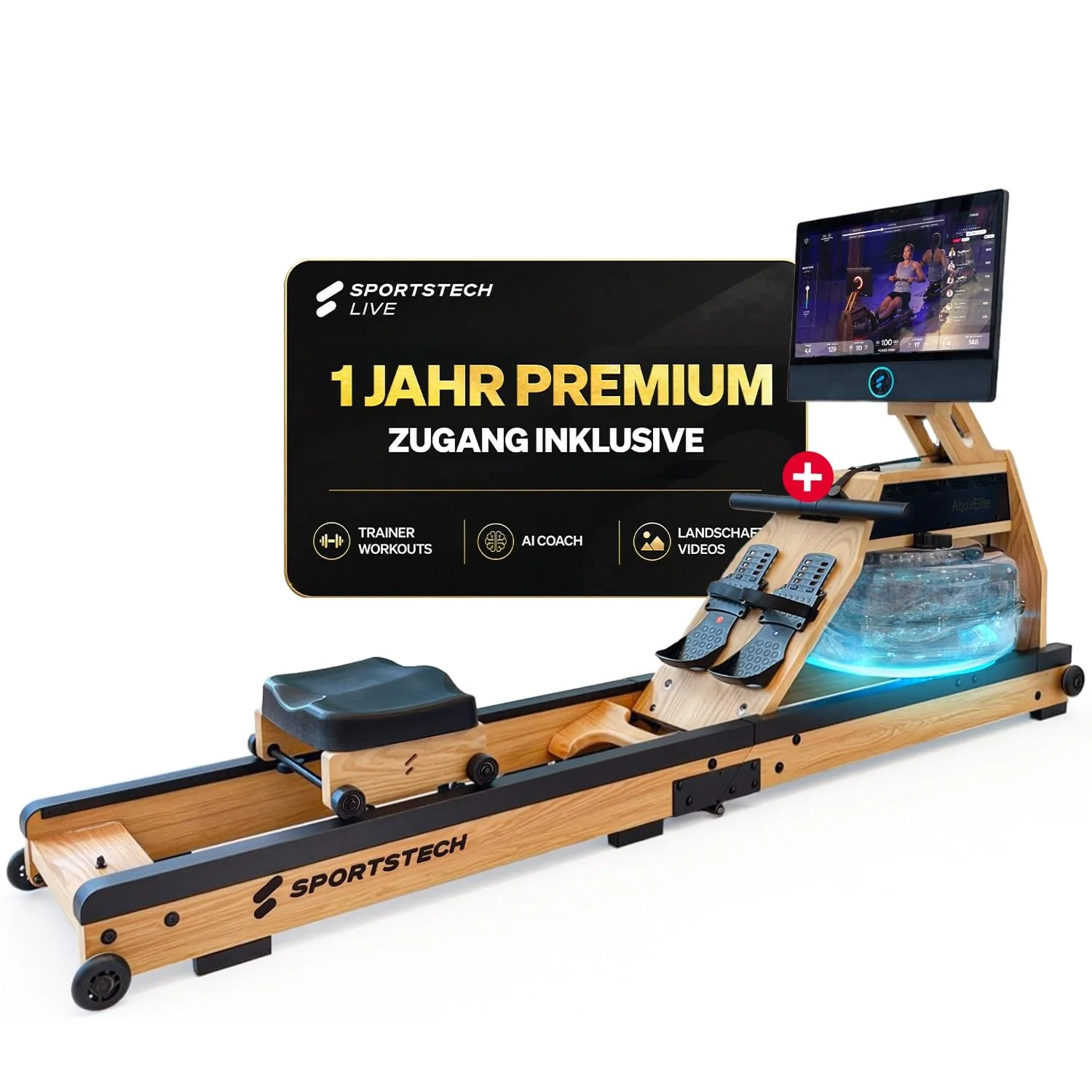 Sportstech AquaElite, Wasser Rudergerät für zu Hause, authentisches Rudererlebnis, Cardio Ganzkörpertraining, Massivholz, klappbar, 10,1" oder 21,5" Display, inkl.12 Monate App Premium-Mitgliedschaft