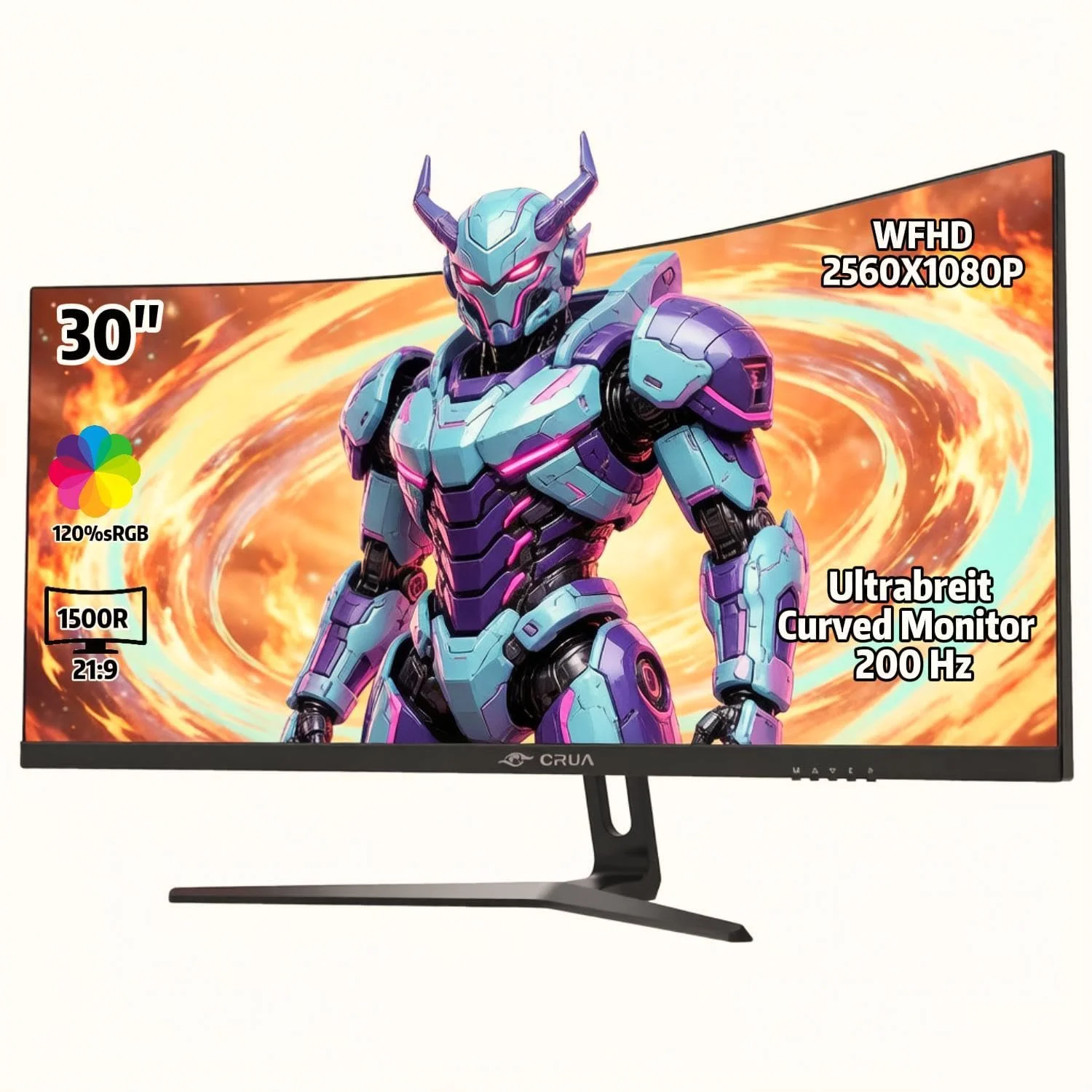 CRUA 30" Ultrabreit Curved Gaming Monitor, 165 Hz/200 Hz, WFHD (2560 x 1080p), 1500R VA-Bildschirm, 120% sRGB-Farbraumabdeckung, unterstützt AMD FreeSync, Wandmontage (HDMI, DP) – Schwarz