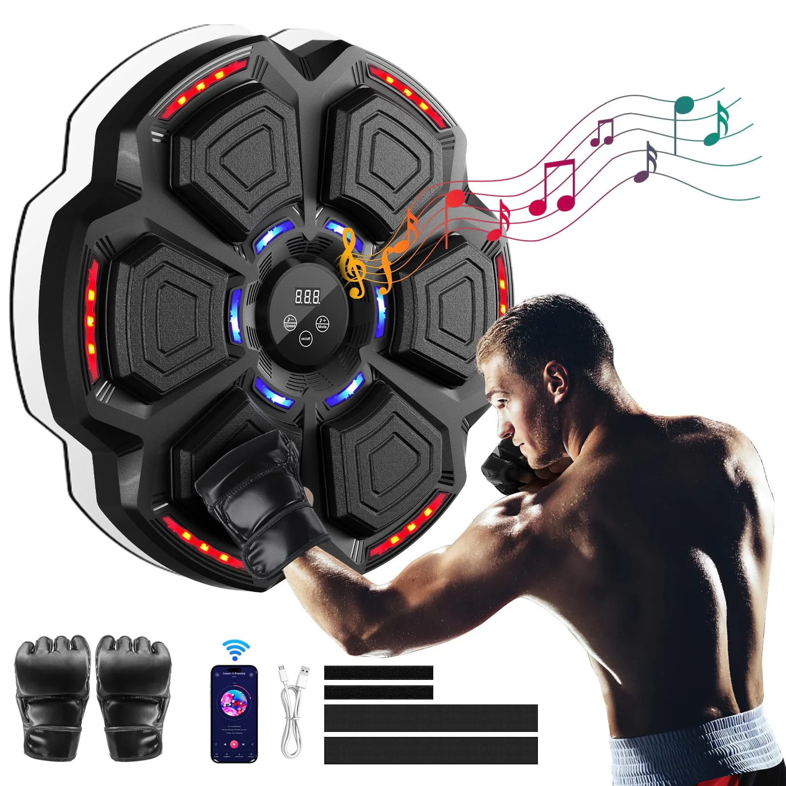 FOOING Smart Musikboxmaschine mit Bluetooth, LED-Licht & Geschwindigkeitsstufen für Erwachsene & Kinder, Trainingsgerät zum Stressabbau mit Boxhandschuhen für Heimtraining