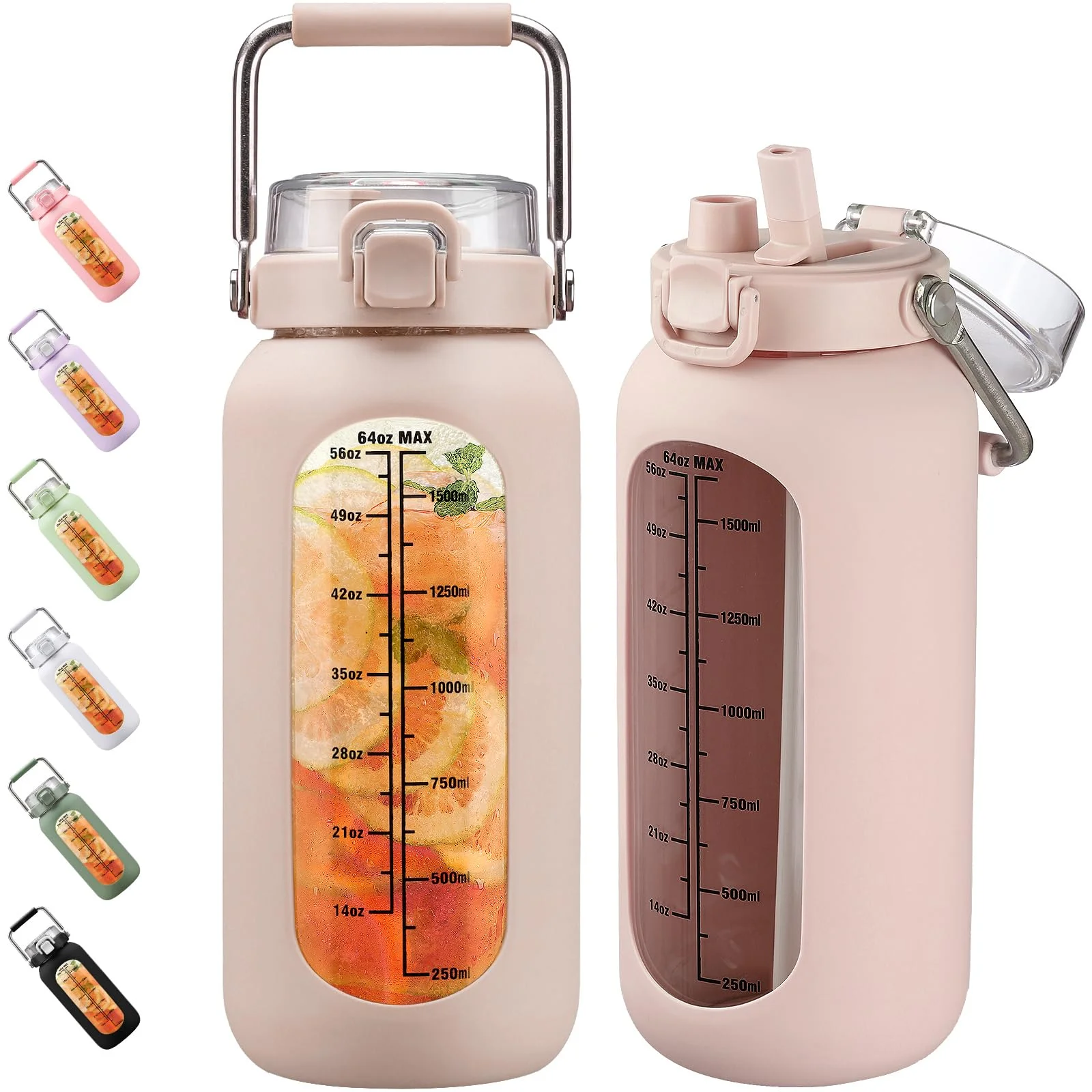 BLUEGO 2000ml Glaswasserflasche mit Edelstahlgriff und Zeitmarkierung 2L Trinkflasche Borosilikatglas mit Silikonhülle und Stroh für Fitnessstudio Büro Draussen Sport Wasserflaschen BPA-frei, Amber
