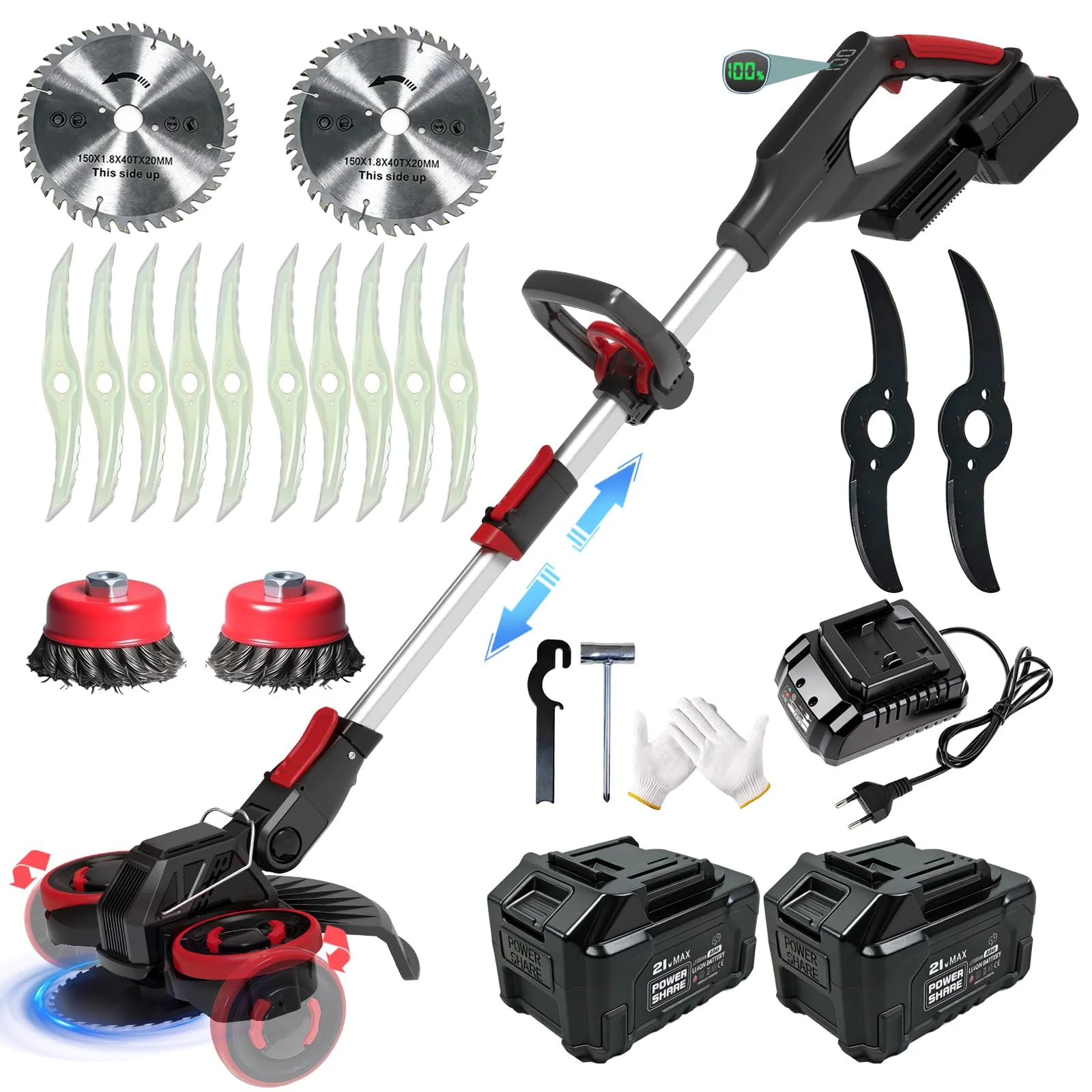 Rasentrimmer mit Akku, Akku Rasentrimmer für Makita-Akkus mit 4 Klingentypen,Rasentrimmer mit Unkrautbürste, Bürstenloser Freischneider Akku mit Seitlichen RäDern für Mähen,Kanten & Büsche,Schwarz