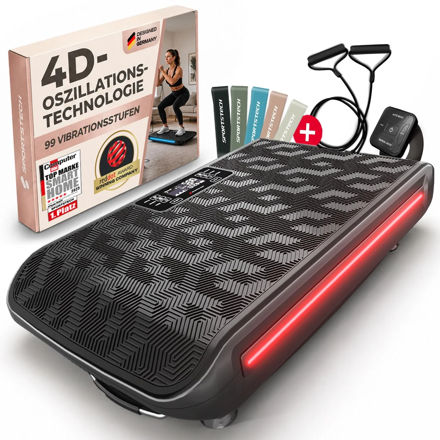 Sportstech, 4D-Vibrationsplatte + Variable Frequenz bis 40 Hertz VP400 | Für Ganzkörpertraining & Fettverbrennung, mit 500+ Trainingsvarianten in 3 Modi, Bluetooth Lautsprecher, Curved Design