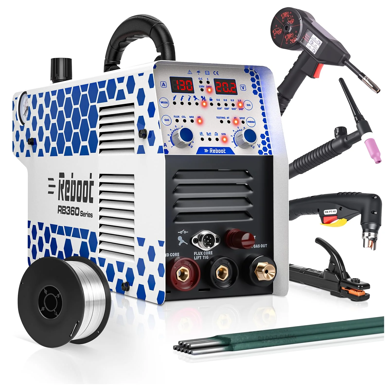 Reboot Plasmaschneider Schweißgerät 7-in-1 Kombigerät, 120/240V Dual Voltage, 30A Plasma 16mm + MMA 130A + MIG MAG + Fülldraht + WIG TIG + Alu Schweißen | Inkl. Spulengewehr & WIG Brenner