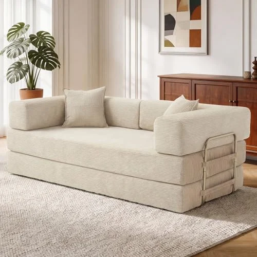 Vipbear 200cm Hochwertiges Sofa, aus Langlebig Cord mit Hochdichter Schaumstoff, 5-in-1 Umwandelbares Vielseitig ohne Knochen 3-Sitzer Sofa mit Schlaffunktion für Schlafzimmer, Grün | Umwandelbar