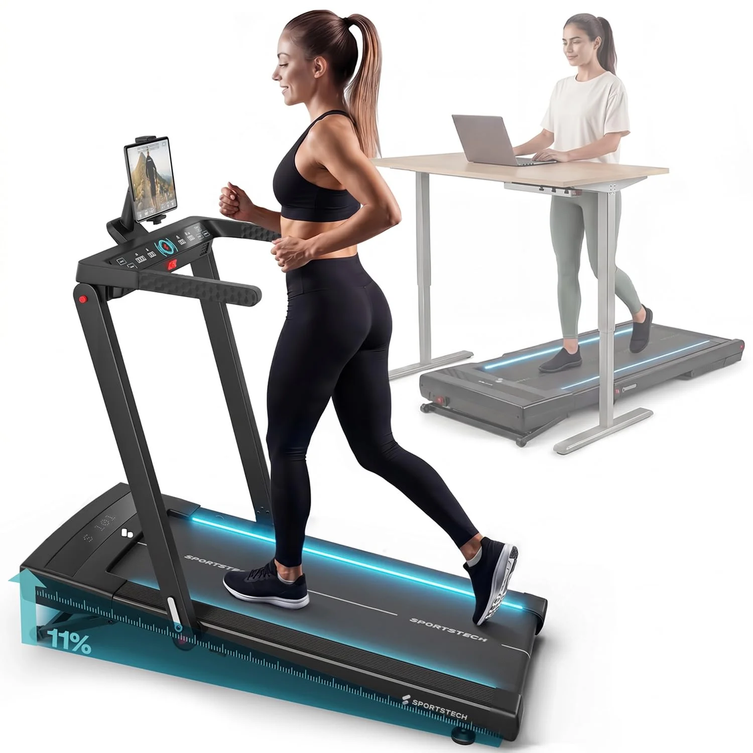 Sportstech Walking Pad Laufband für Zuhause 150kg, 2in1, 15 km/h, klappbar | Fürs Home Office und Büro, 2in1, 6 km/h Gehen, 15 km/h Laufen, Under Desk, Schrittzähler, kompakt, sTread Fold Pro