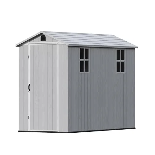 Devoko 6x4 Gartenhaus Kunststoff 4,7m³, 185x121x210 cm Gerätehaus mit Boden, Geräteschuppen, Fahrradschuppen mit Abschließbar Tür, Wetterfest für Garten Rasen, Hellgrau