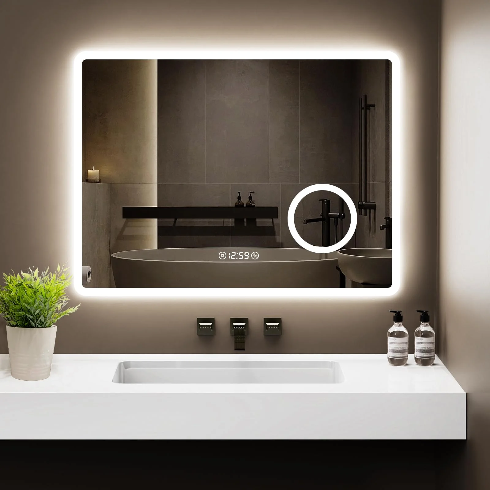 GIMBELEN LED Bad Spiegel 80x60 cm mit Beleuchtung, 3 Lichtfarben & Dimmbar, Antibeschlag, Uhr & 3-fache Vergrößerung, Wandspiegel für Badezimmer