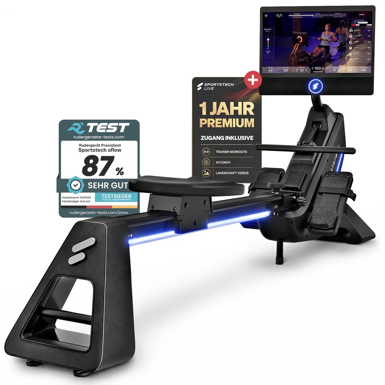 Sportstech Premium Rudergerät für zuhause + 10,1" oder 21.5" Touch Display, Deutsche Qualitätsmarke, inkl.12 Monate App Premium-Mitgliedschaft, klappbar, Rudermaschine mit LED Technologie, sRow