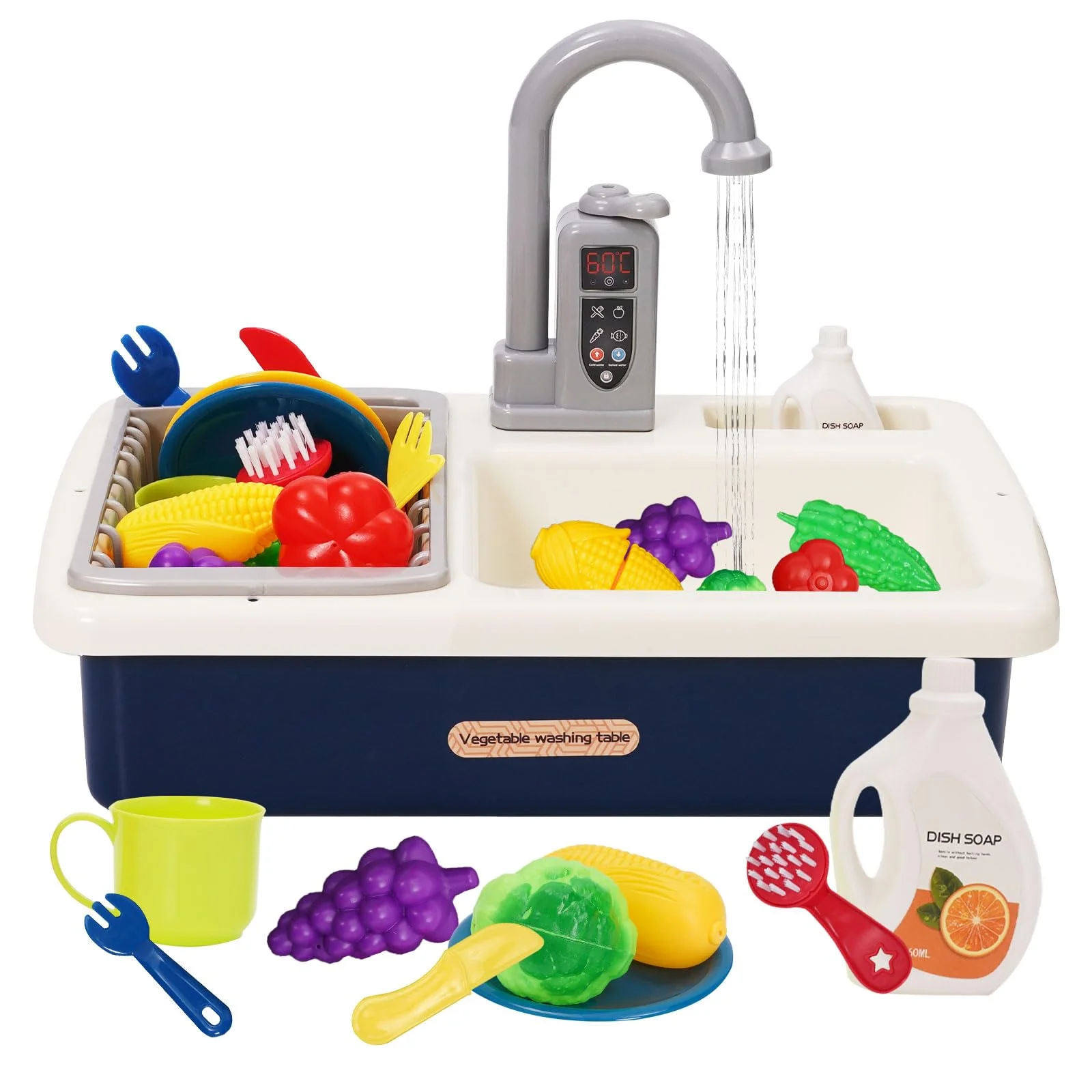 Küchenspüle Spielzeug Set mit Wasserkreislauf, Waschbecken Kinder mit Fließendem Wasser, Spielküche Kinderküche Zubehör, Obst und Gemüse Spielzeug, Rollenspiel für Jungen und Mädchen ab 3 Jahre(Blau)