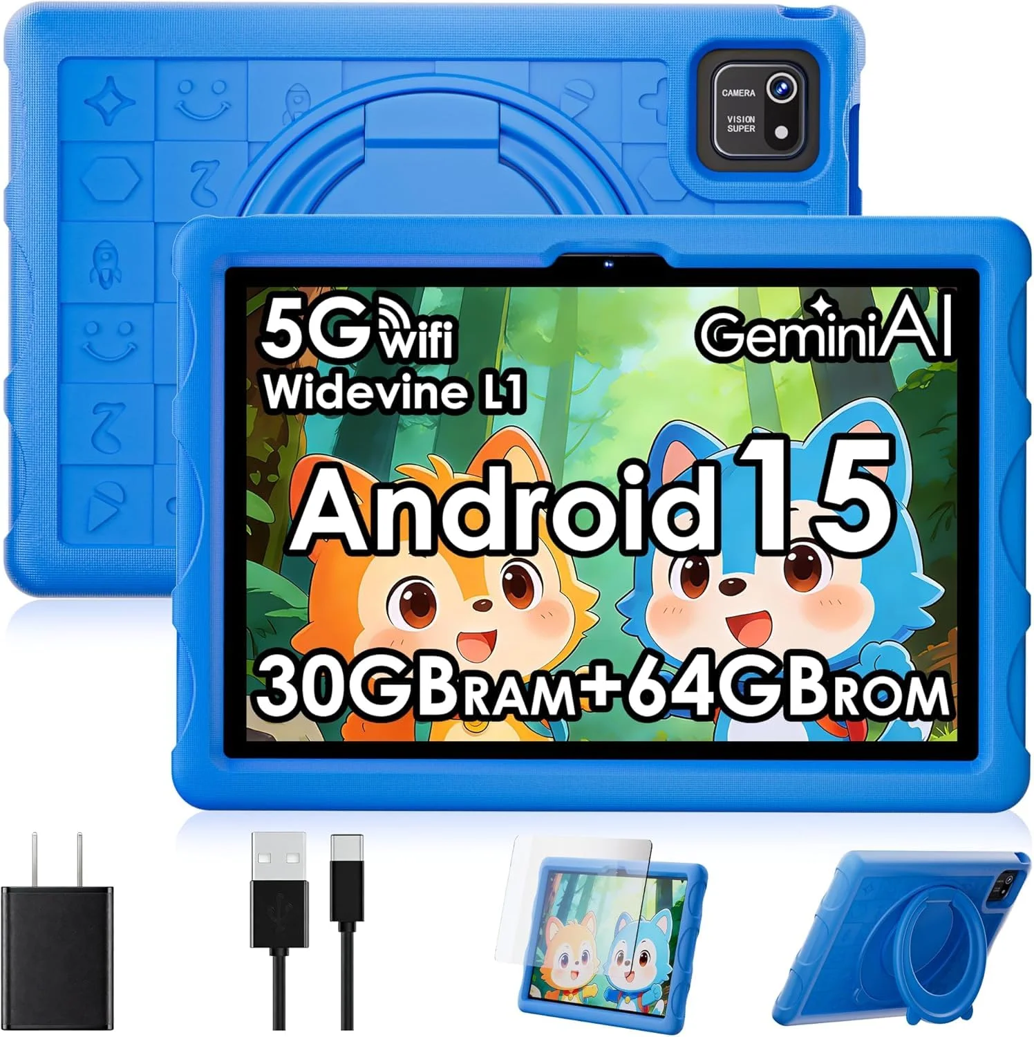ZENTALITY Kinder Tablet 10 Zoll Android 15 mit 30GB RAM + 64GB ROM(2TB), 5G WLAN 6, Widevine L1, Elterliche Kontrolle, 8-Core, 8000 mAh, Kids Tablet mit Kinder + 360° Drehbarer Ständer