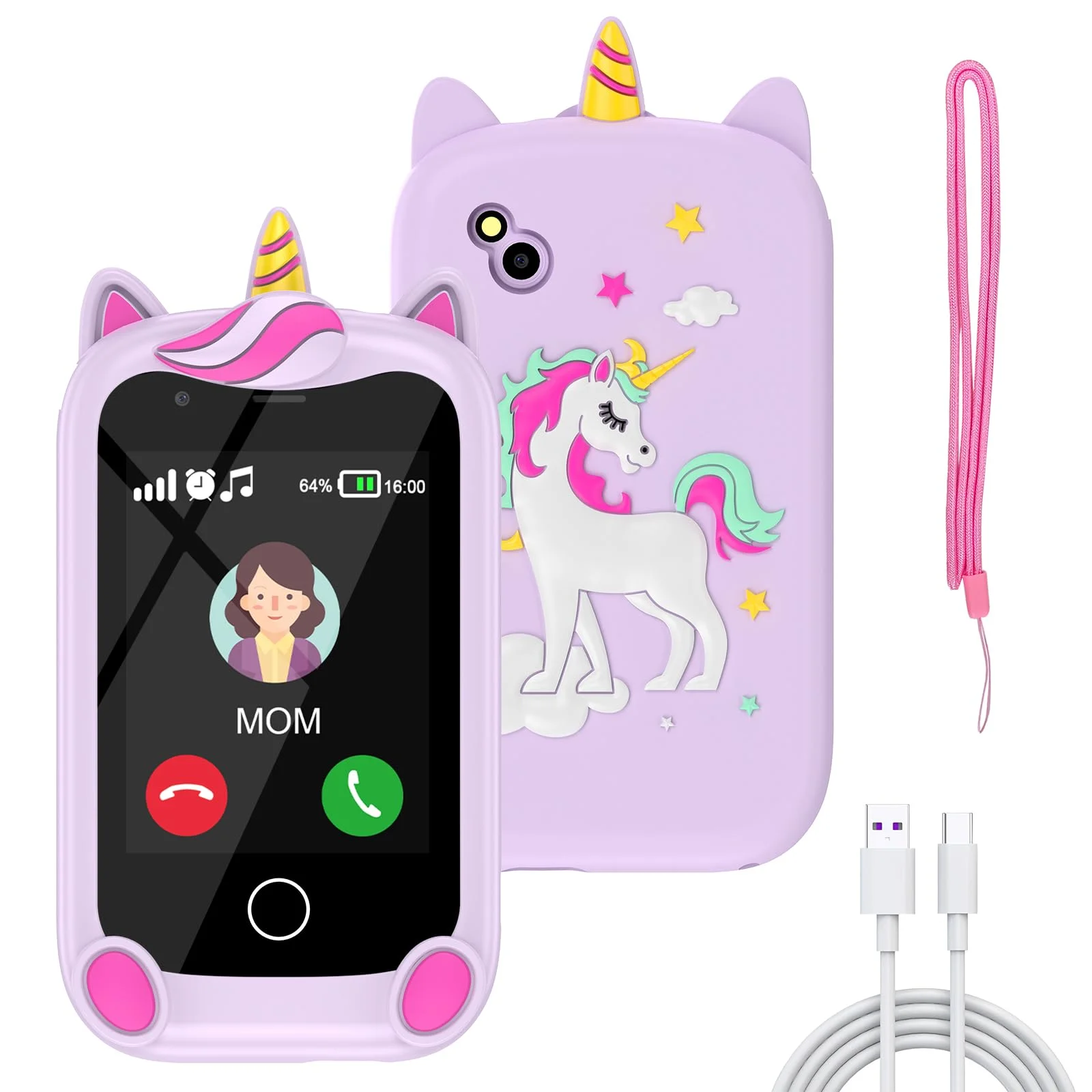 PTHTECHUS Kinder Handy, Mini-Telefon für Mädchen Jungen, 2.8 Zoll großer Touchscreen Smartphone Kinder 16 Spiele Anruf SOS Musik Kamera Schrittzähler Wecker, kindertelefon Jungen ab 4-9 Jahre (Lila)