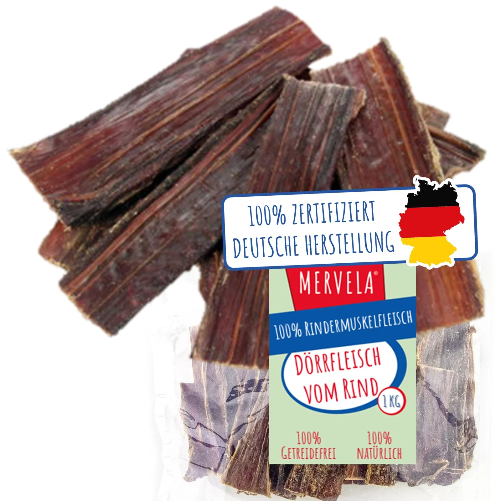 MERVELA® Dörrfleisch für Hunde 1kg | Rinderdörrfleisch | Trockenfleisch | gesunder Hundesnack aus Deutscher Herstellung | 100% Rindfleisch und natürlicher Kausnack