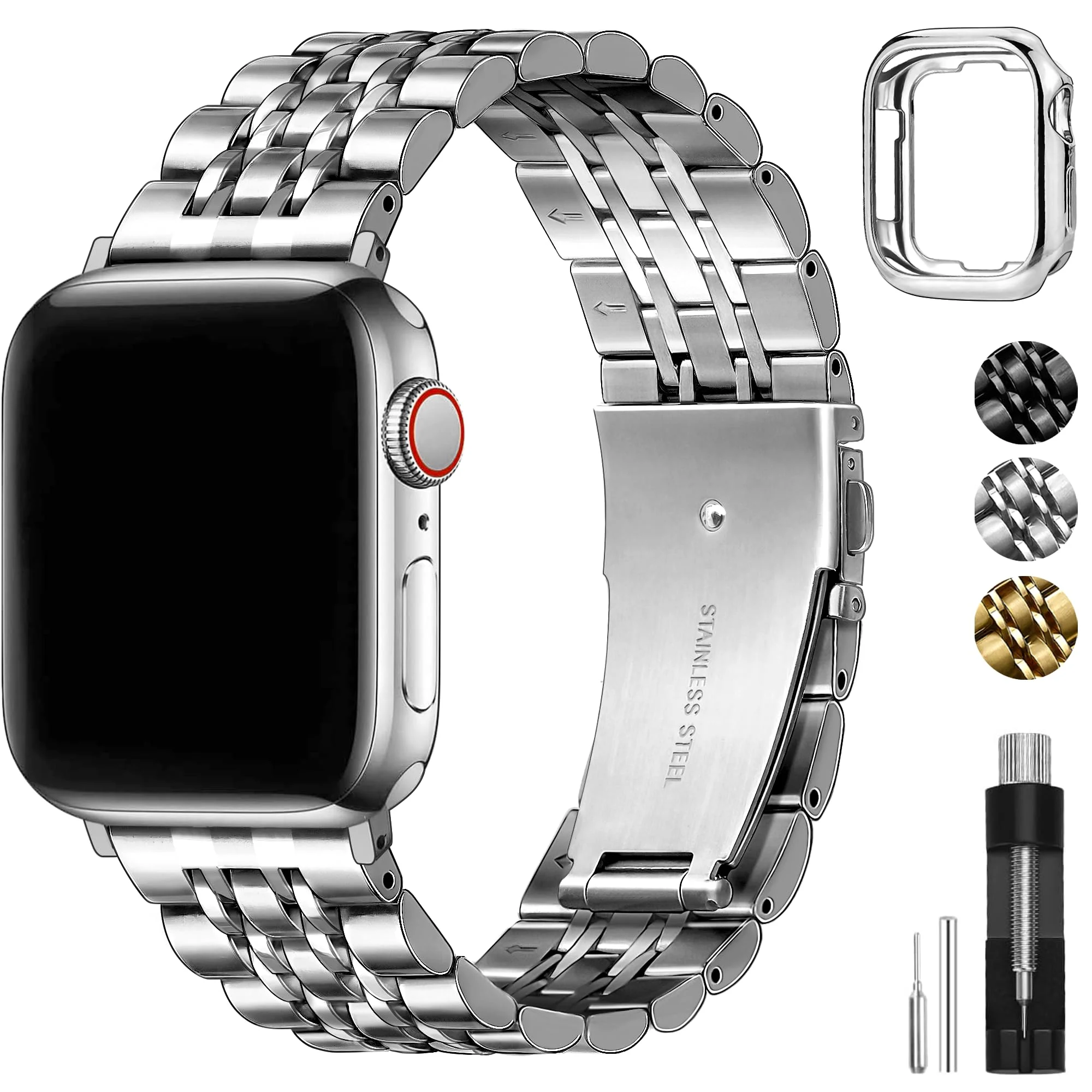 Aniaboho Metallarmband Kompatibel mit Apple Watch Armband 38mm 40mm 41mm 42mm 44mm 45mm 46mm mit Schutzhülle, Herren Edelstahl iWatch Armband, Ersatz Armbaender für iWatch SE 11 10 9 8 7 6 5 4 3 2 1