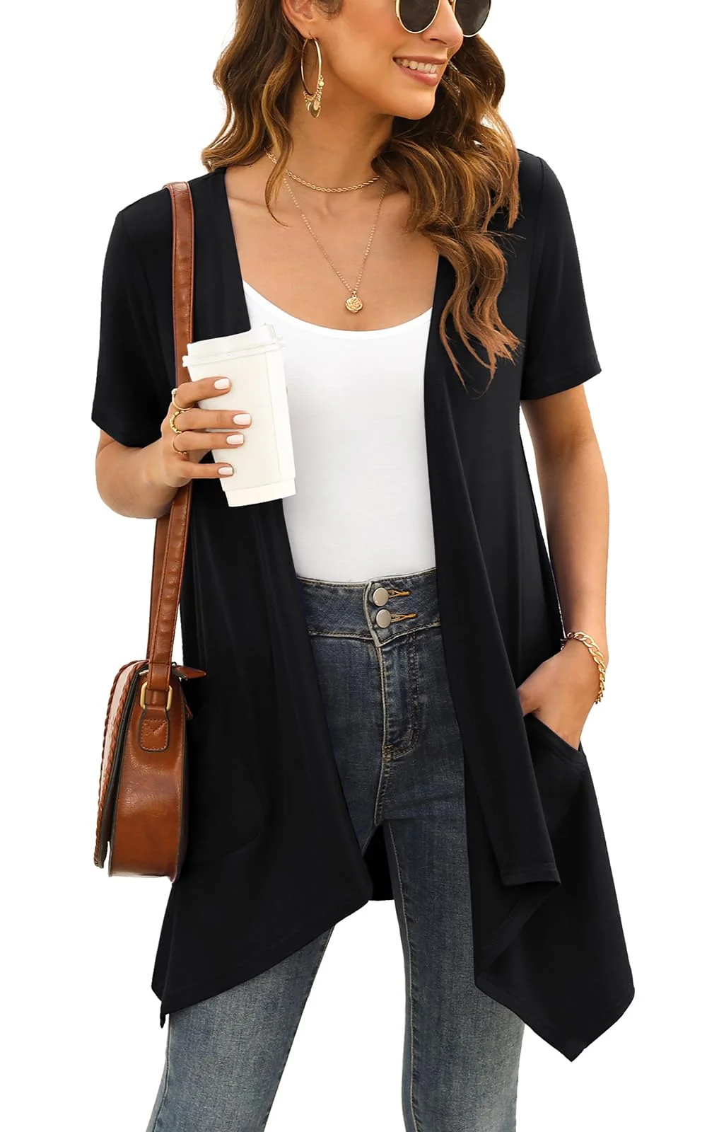 Wiwclo Veryoung Short Sleeve Cardigans for Women Casual Drape Open Front Lightweight Summer Cardigan with Pocket High Low Hem